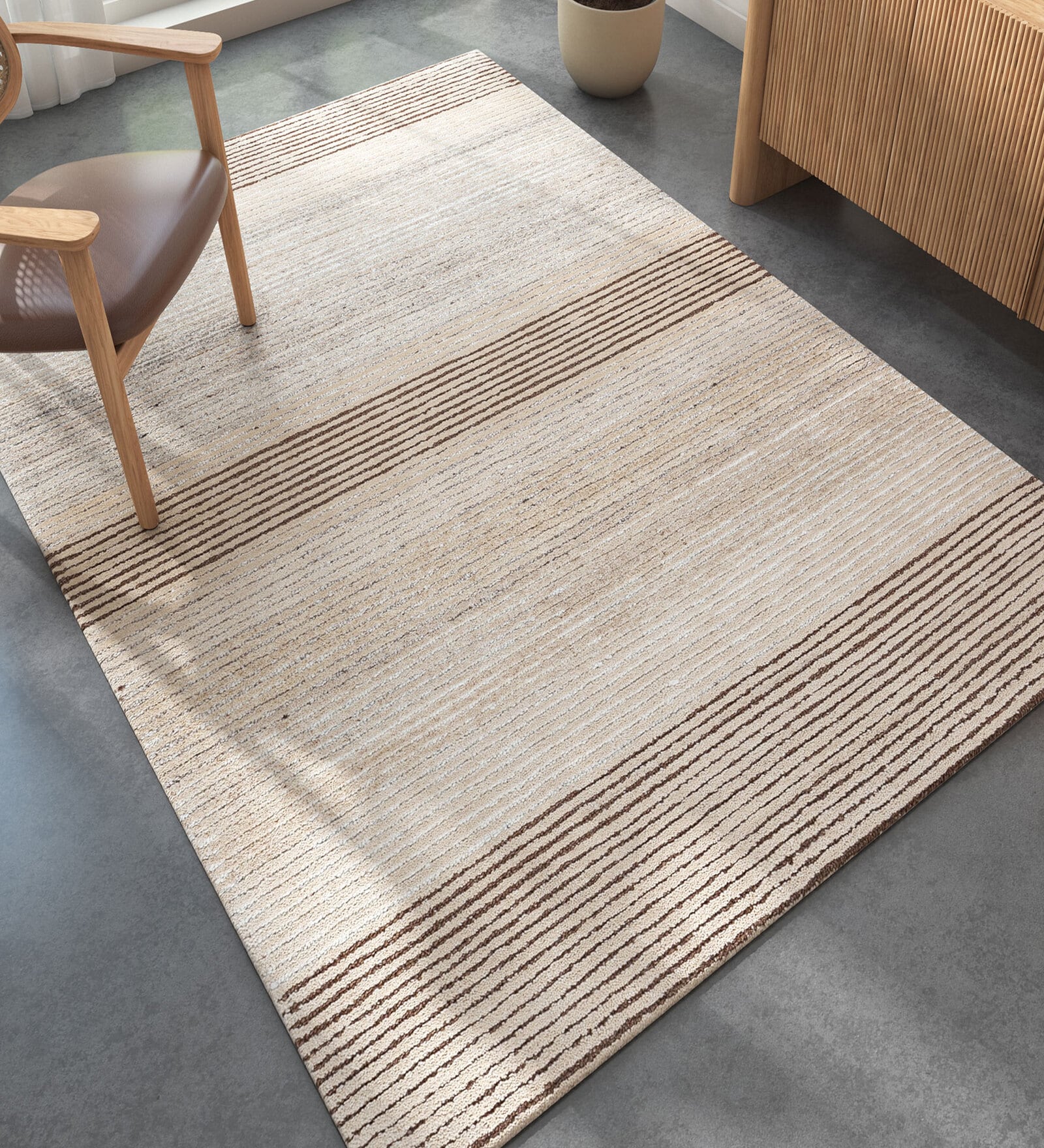 Beige Abstract Wool and Viscose 4 ft X 6 ft Hand Tufted Carpet