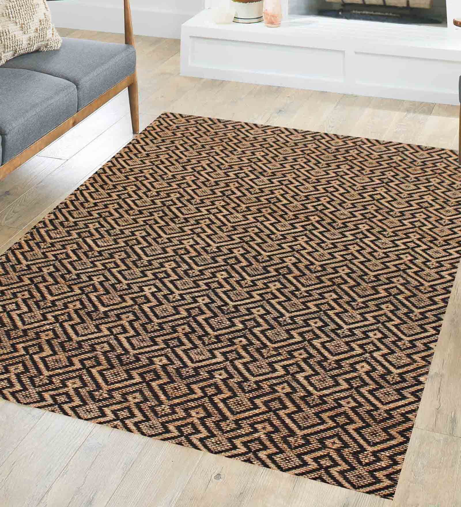 Beige and Black  Magadan Geometric jute 5ft x 8ft Hand Woven Carpet