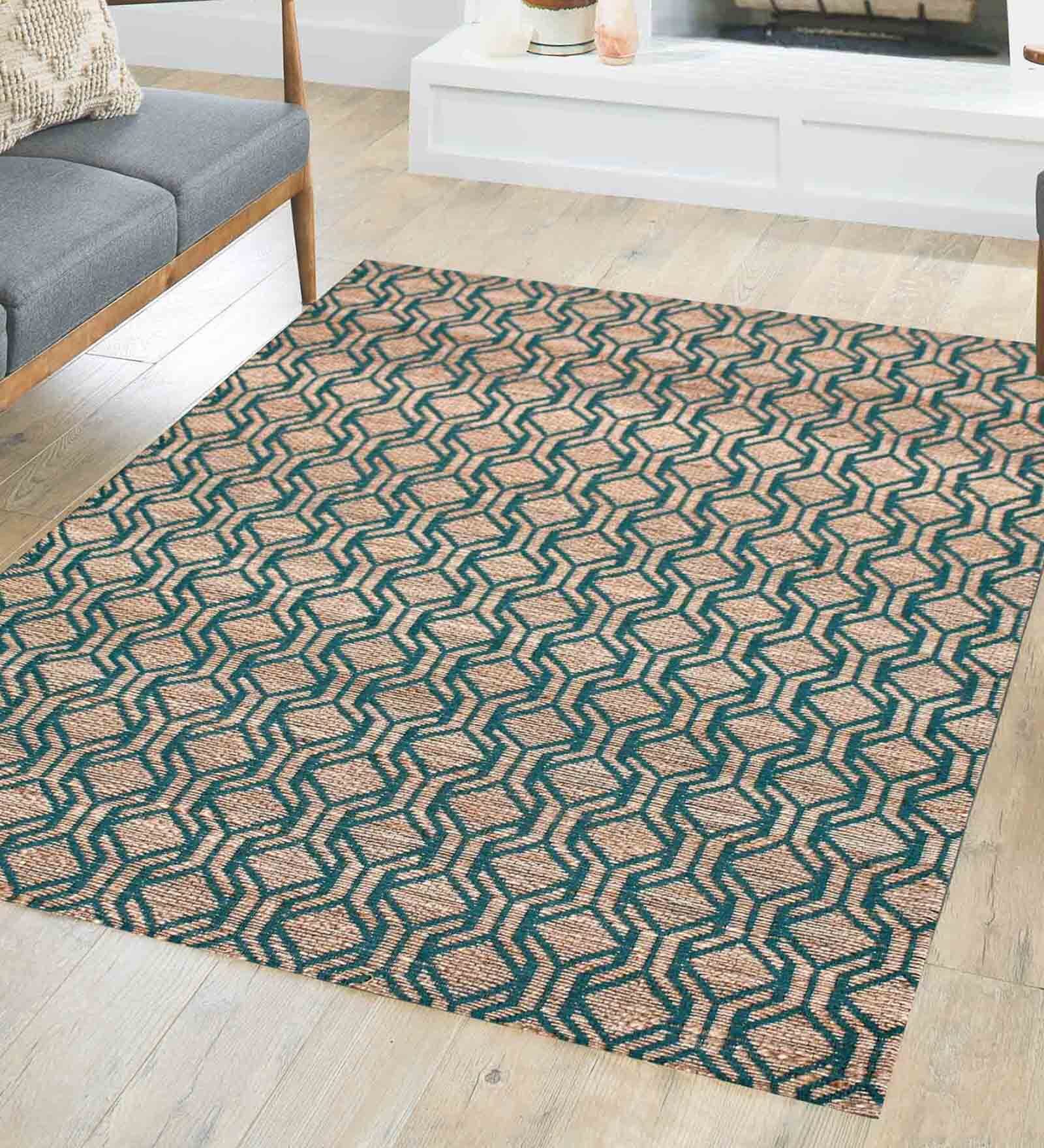Beige and Black Chita Geometric Jute 5ft x 8ft Hand Woven Carpet