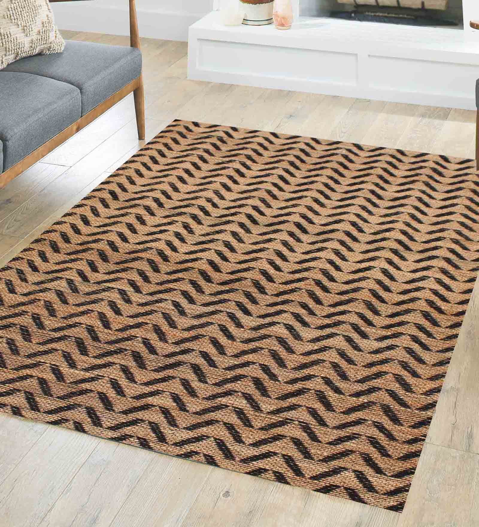 Beige and Black Oryol Geometric Jute 5ft x 8ft Hand Woven Carpet