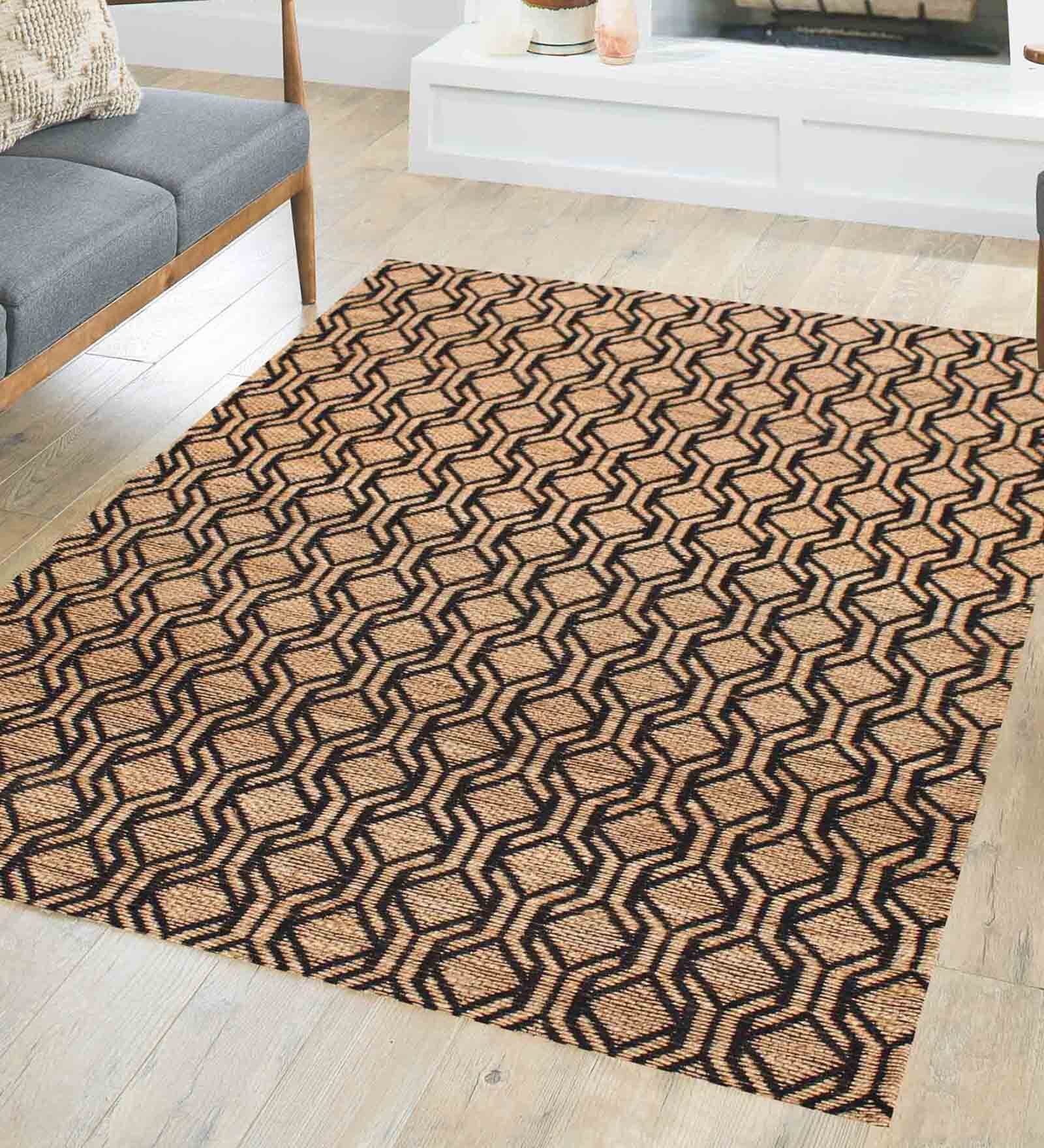 Beige and Black Podolsk Geometric Jute 5ft x 8ft Hand Woven Carpet
