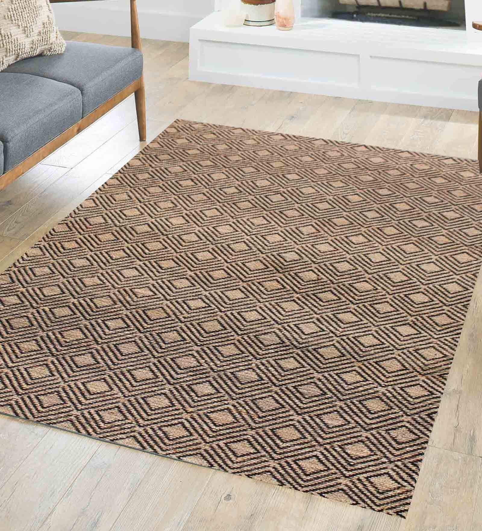 Beige and Black Surgut Geometric Jute 5ft x 8ft Hand Woven Carpet