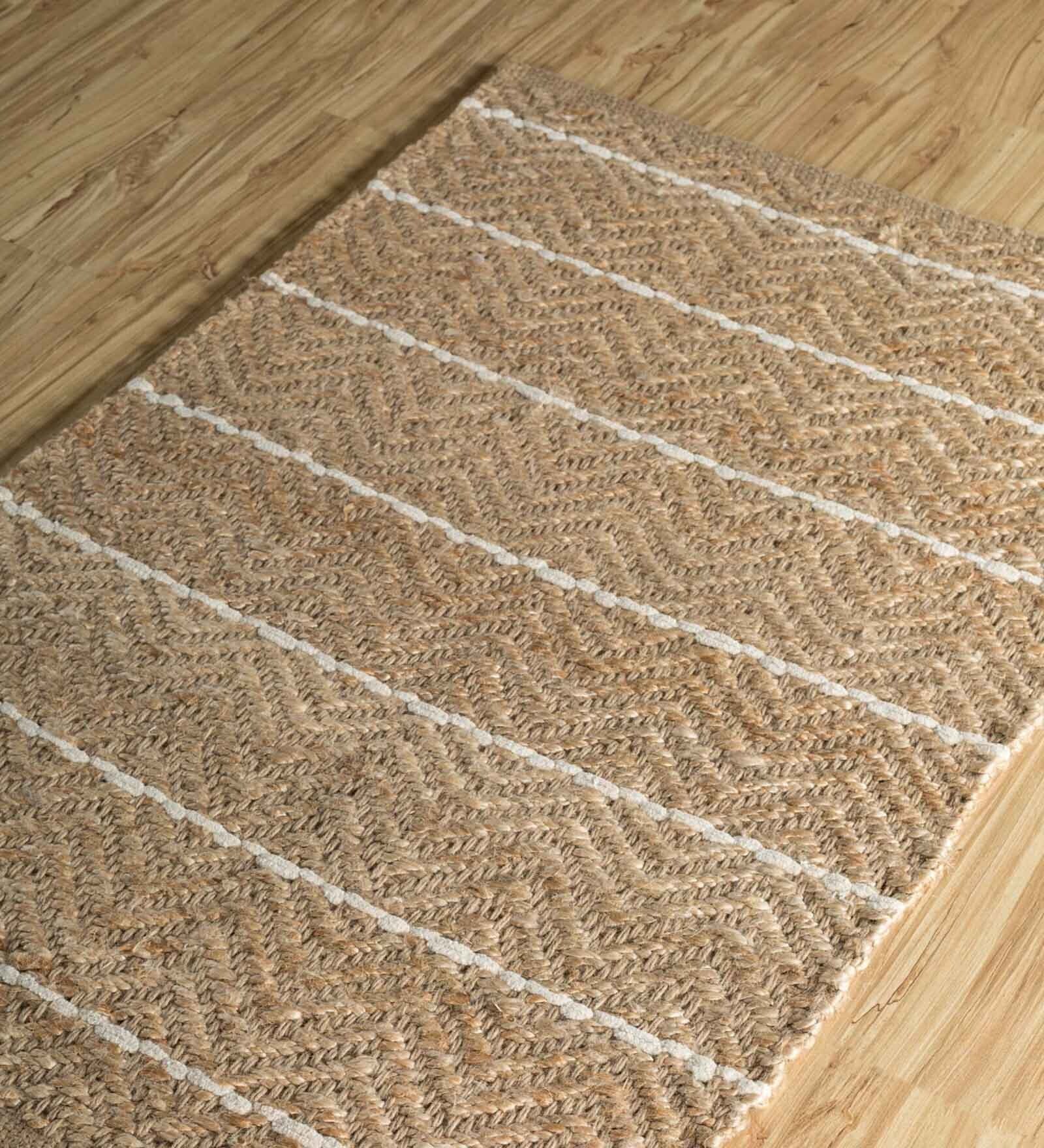 Beige Striped Jute 5 ft X 3 ft Flat Weave Carpet