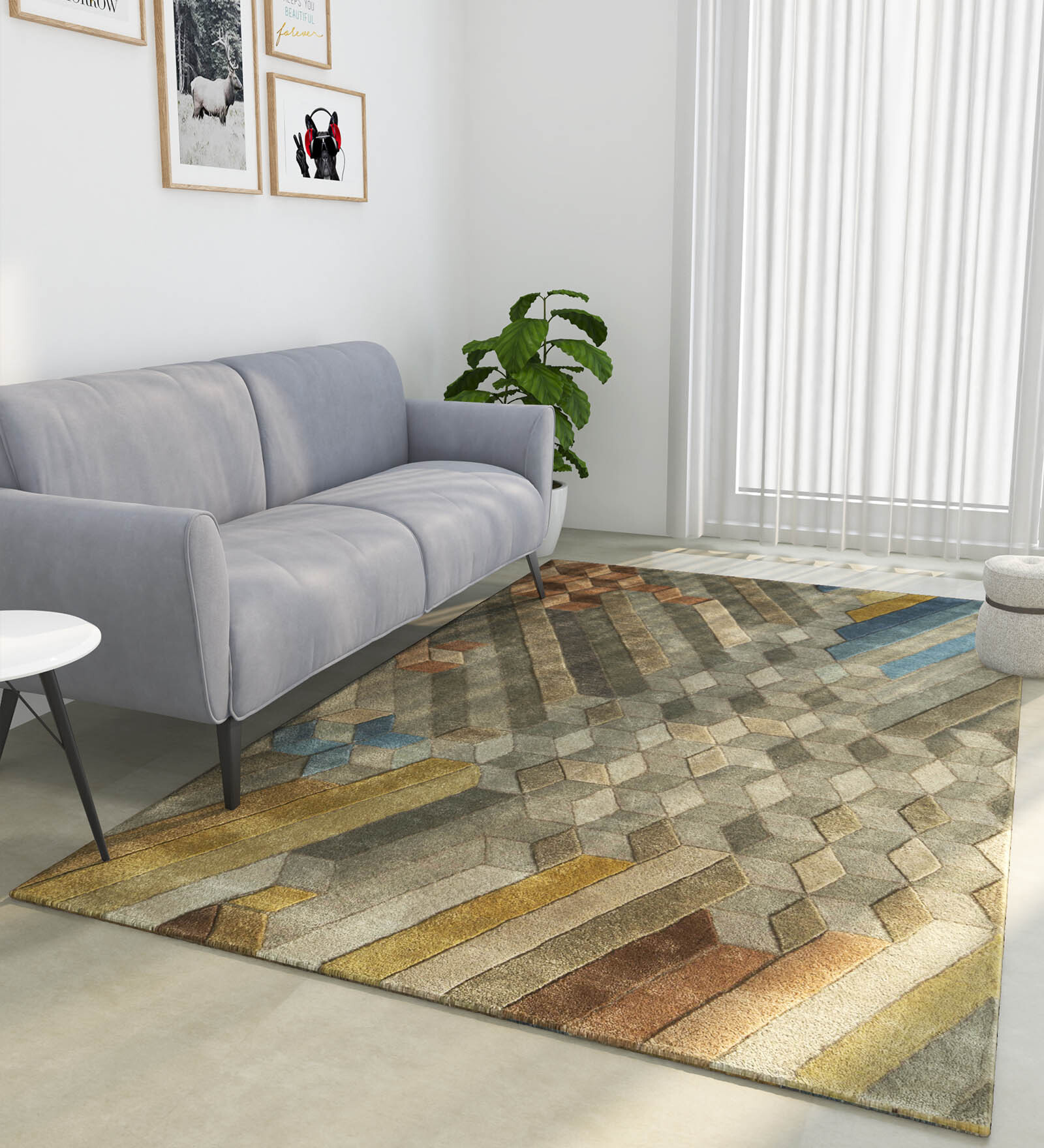 Beige and Brown Wool Blend Geometric 4 ft x 6 ft Hand tufted Carpet