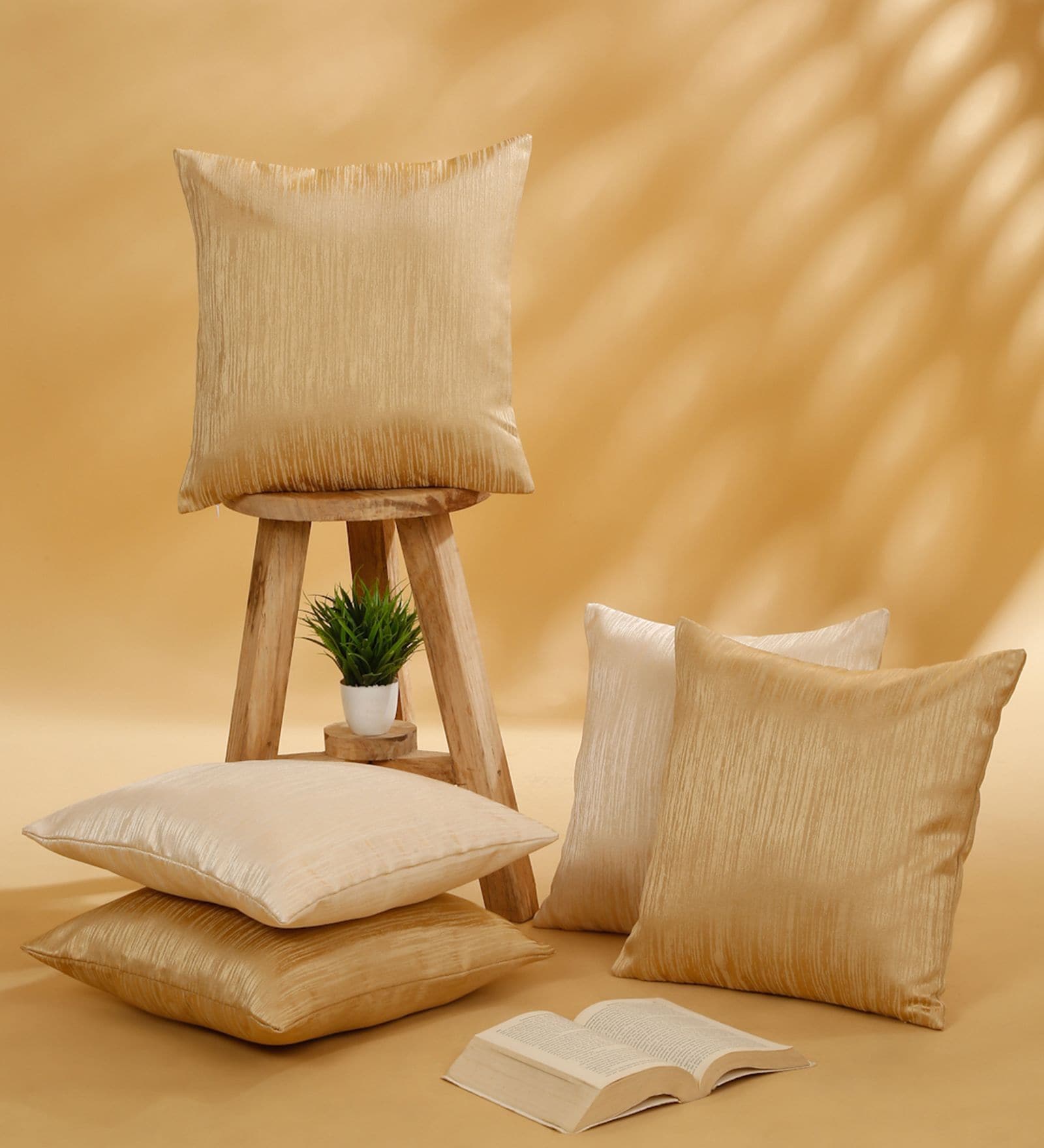 Beige and Light Beige Polyester Jacquard 16x16 inches Cushion Cover Set of 5