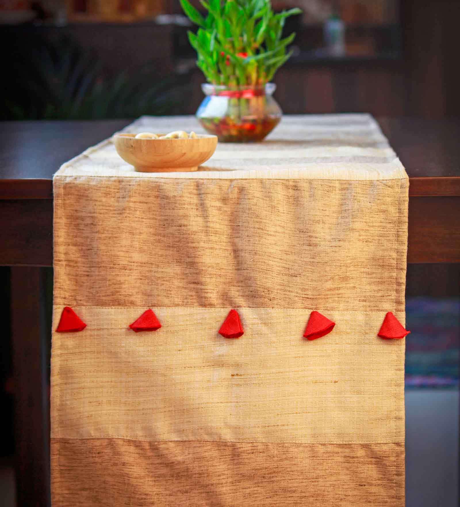 Beige and Red Solid Khadi Silk 72X14 Inches Table Runner