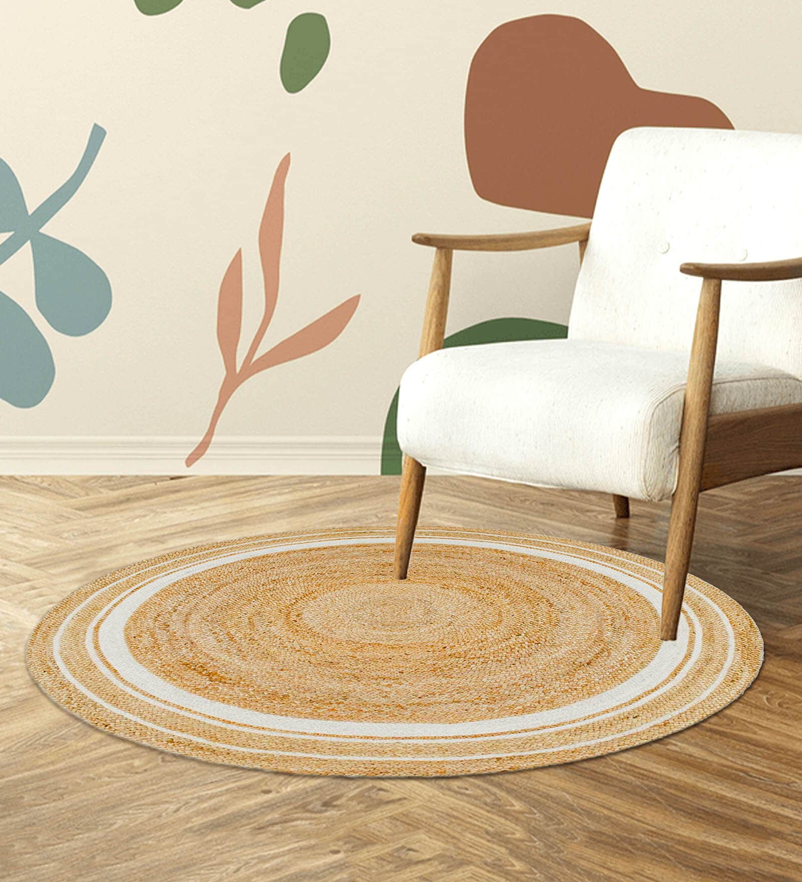 Beige and White Jute 2 Feet Round Carpet