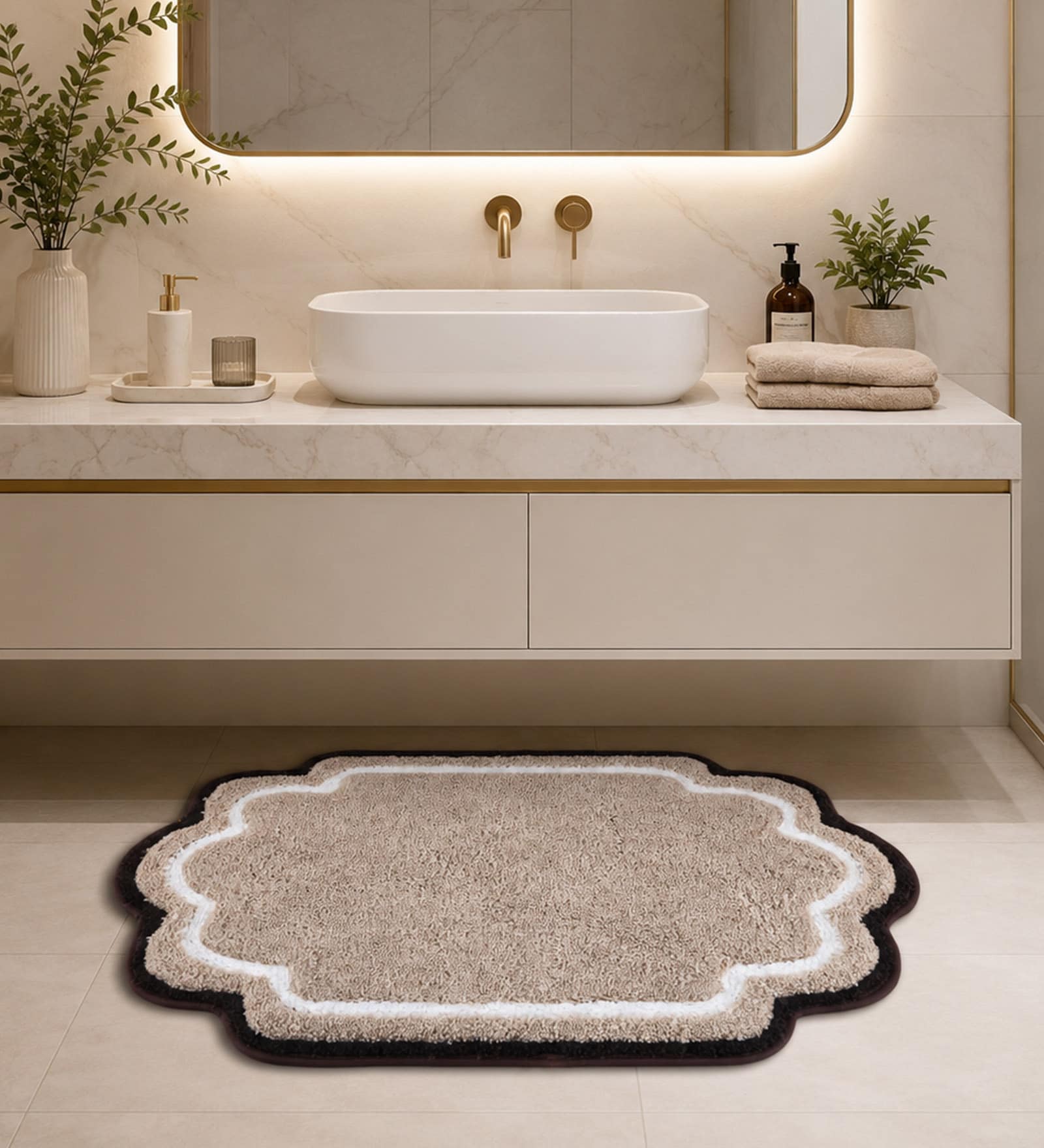 Beige Anti Skid Polyester Bathmat (55x85 cm)