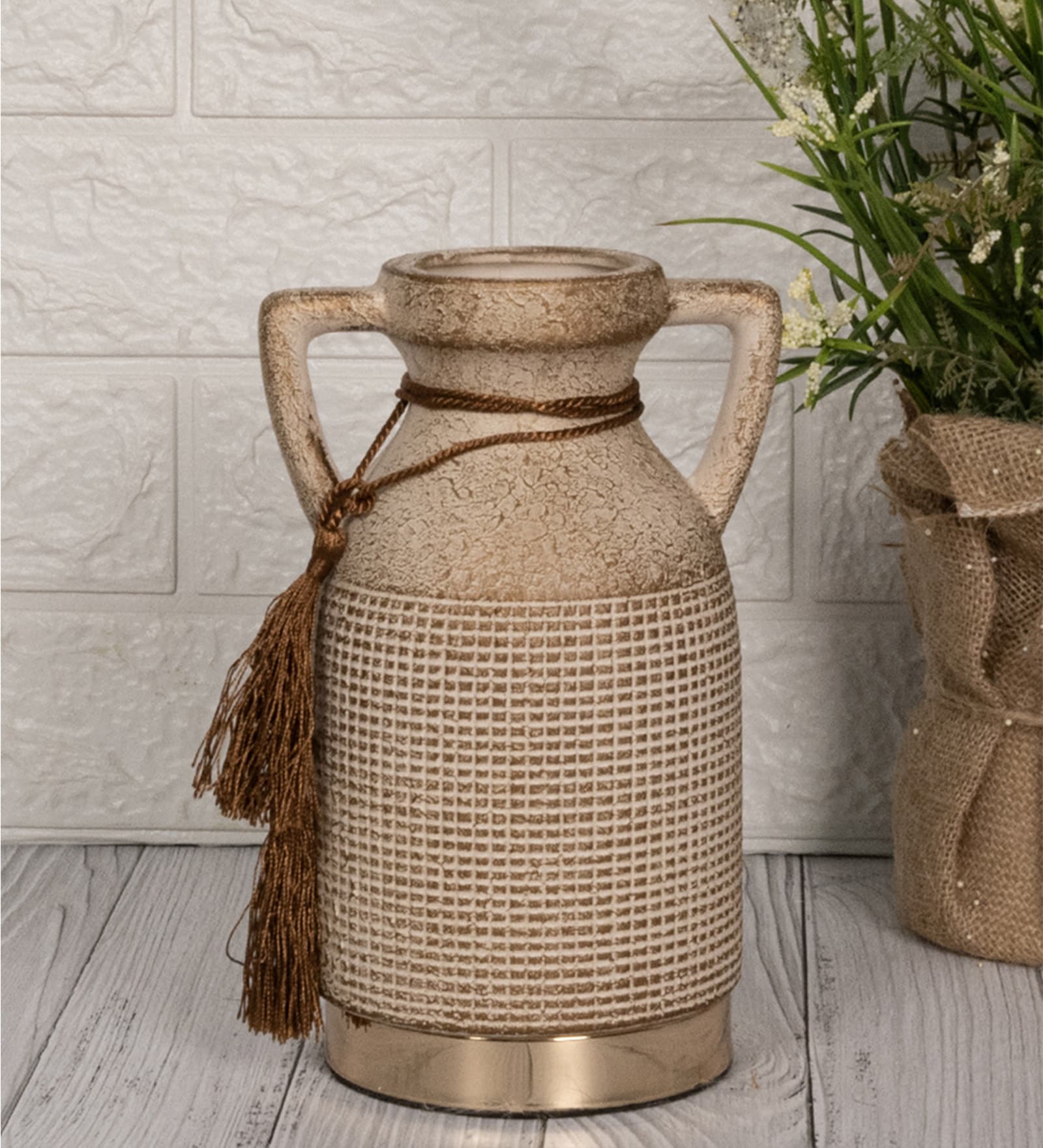 Beige Antique Vintage Rustic Charm Ceramic Amphora Shaped Vase