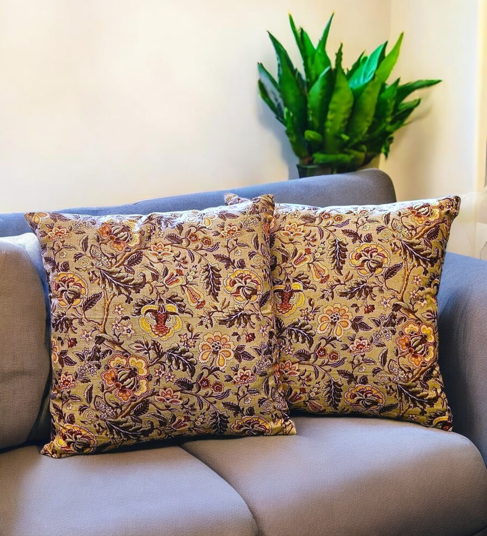 Beige Art Silk Chanderi Textured Floral 16x16 inches Cushion Covers (Set of 2)