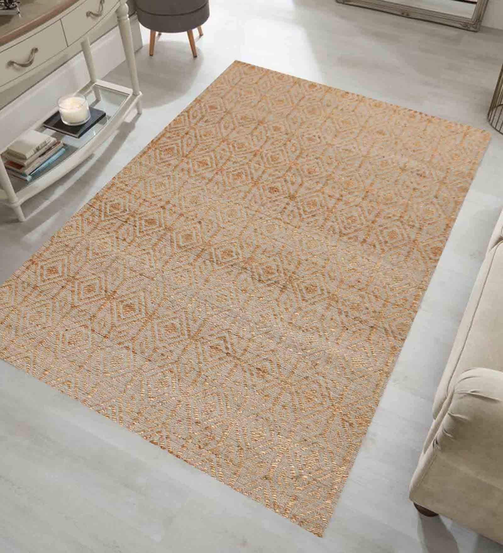 Beige Astrakhan Geometric Jute and Wool 5ft x 8ft Hand Woven Carpet