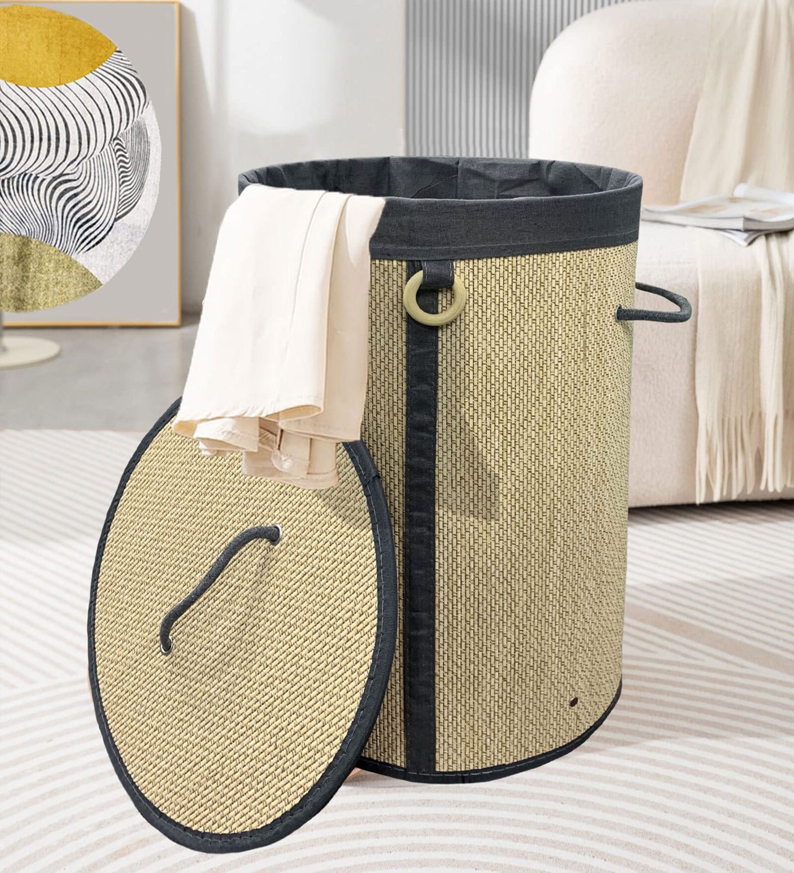 Beige Bamboo Laundry Basket