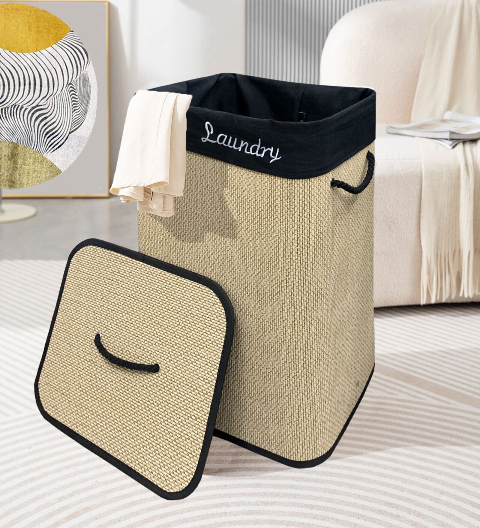 Beige Bamboo Laundry Basket