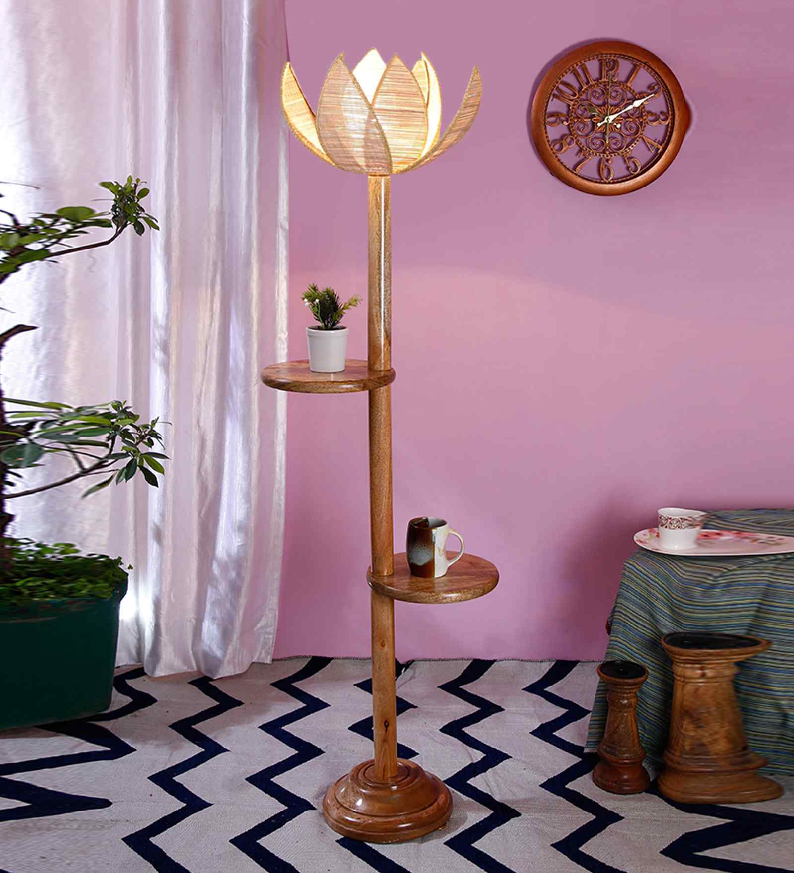 Beige Bamboo Lotus Wooden Floor Lamp