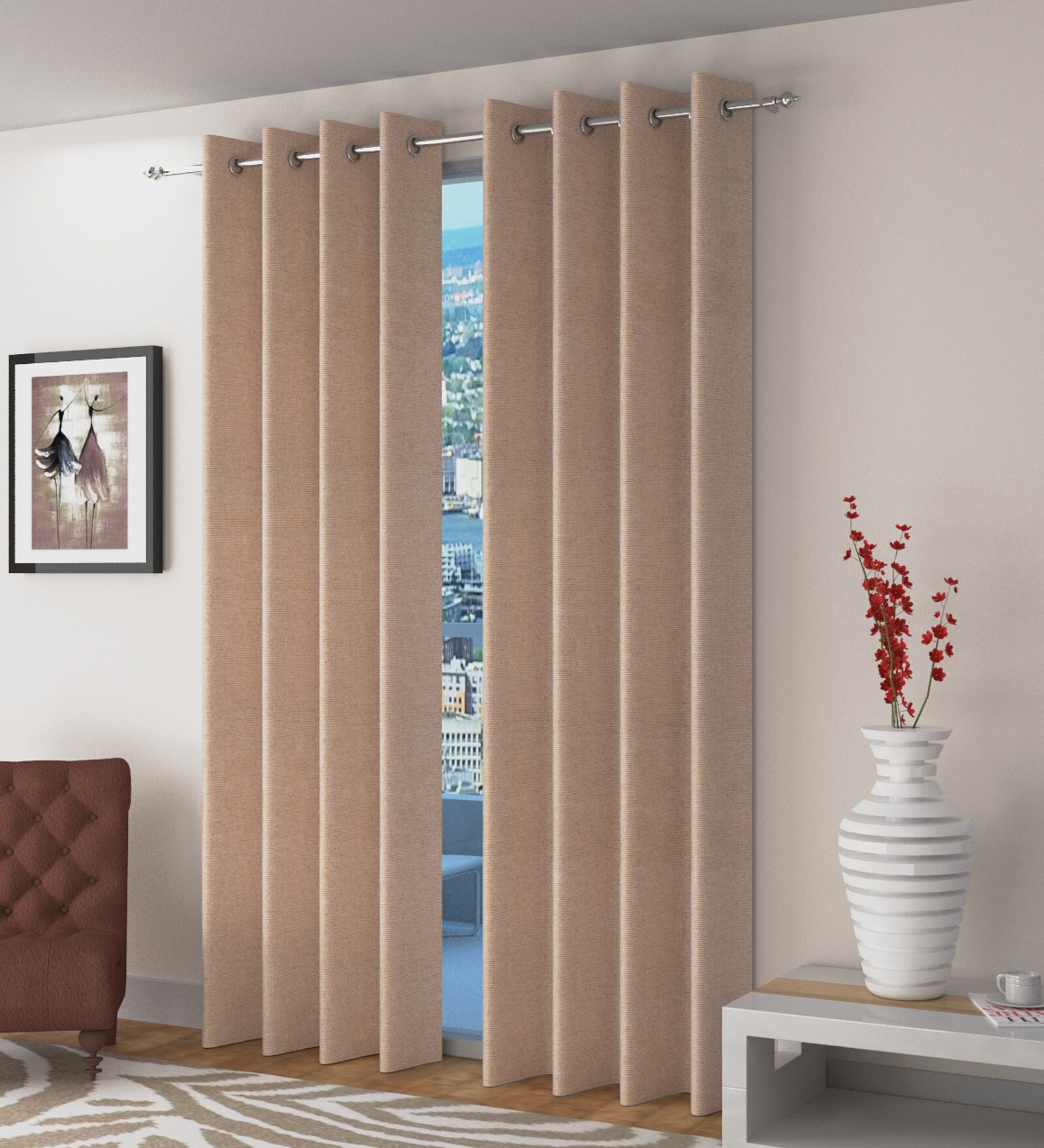 Beige Solid Jute 5 Ft Light Filtering Eyelet Window Curtain