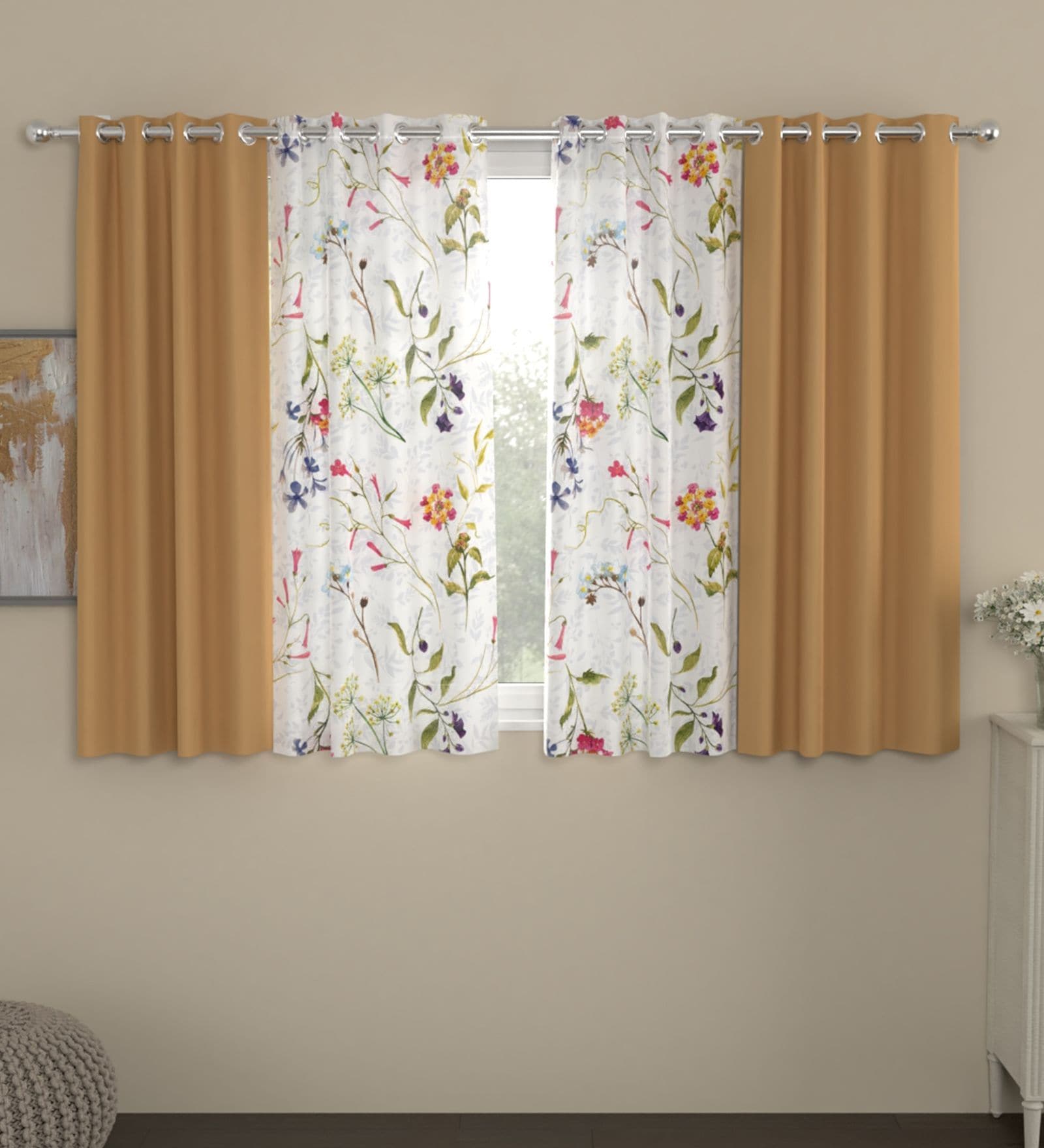 Beige Floral Polyester 5 Ft Blackout Eyelet Window Curtains (Set of 4)