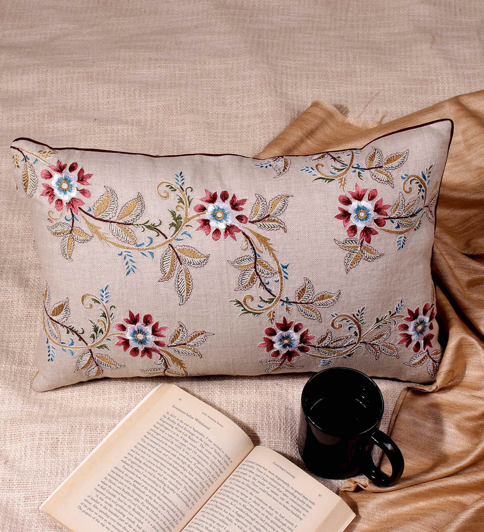 Beige Textured Blended Linen 18 x 12 Inches Embroidered Cushion Cover
