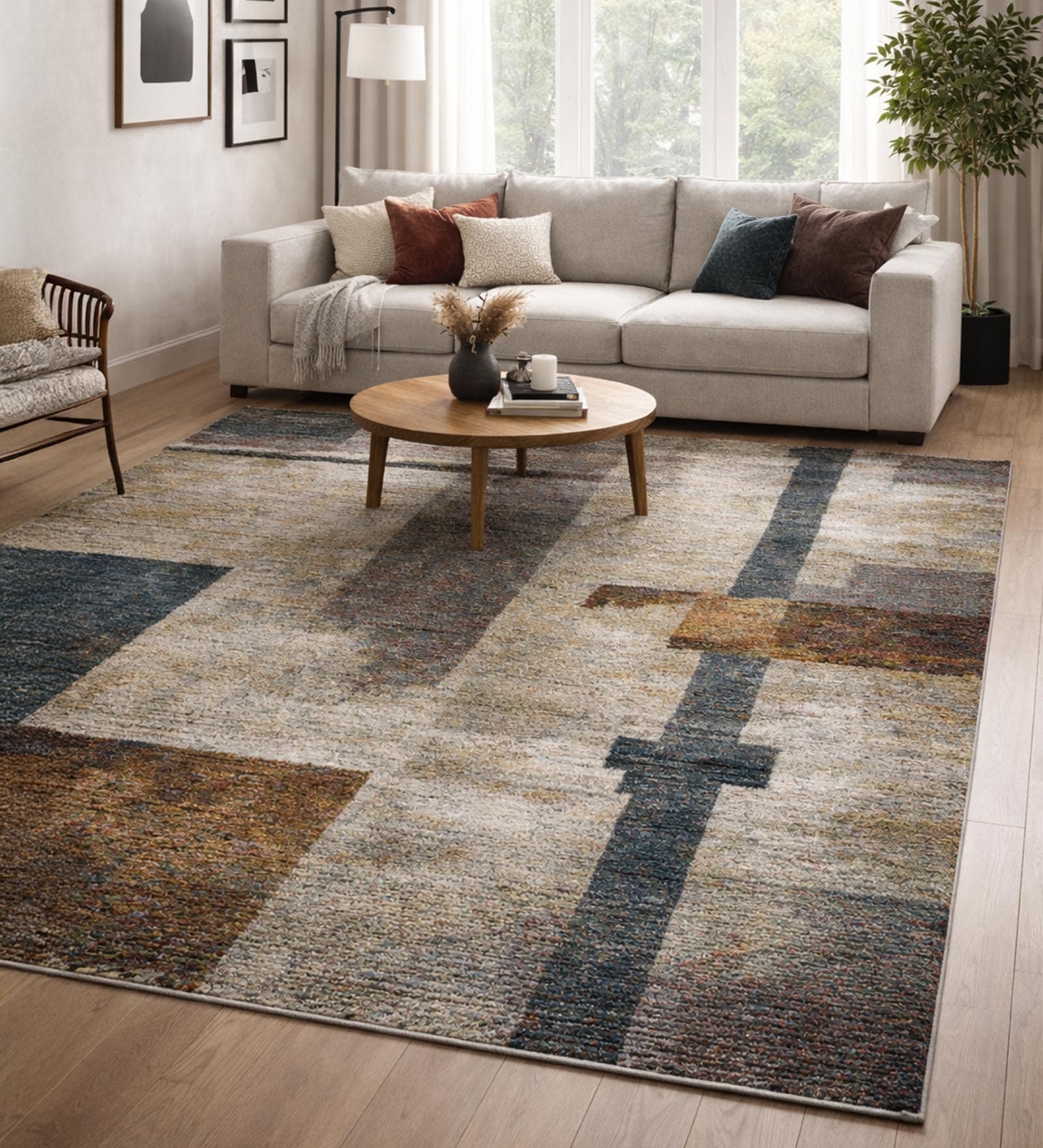 Beige Blue Abstract Polypropylene 9 ft x 6 ft Machine Made Carpet