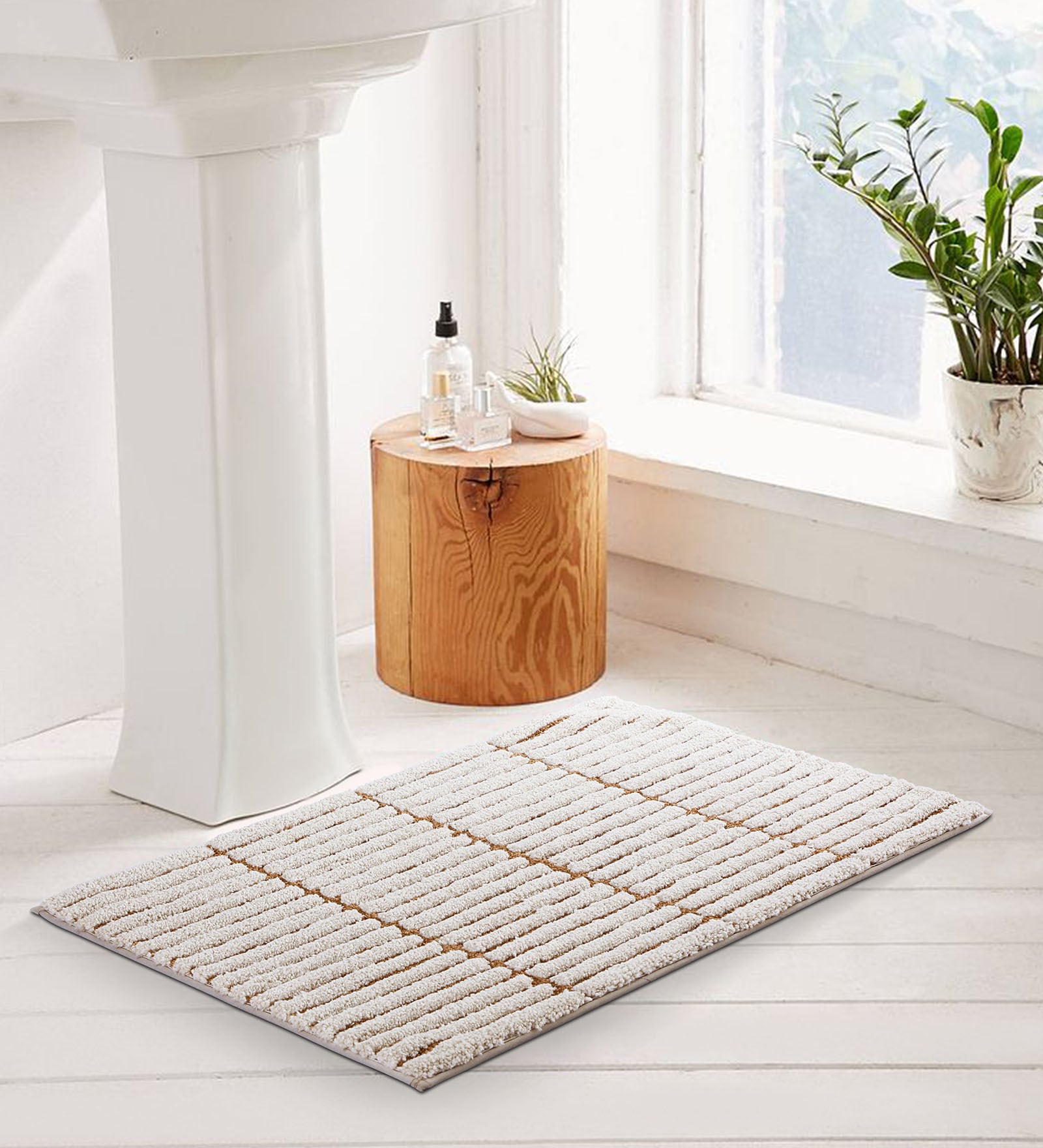 Beige Brown Polyester 32X20 Inches Anti-Skid  Bath Mat