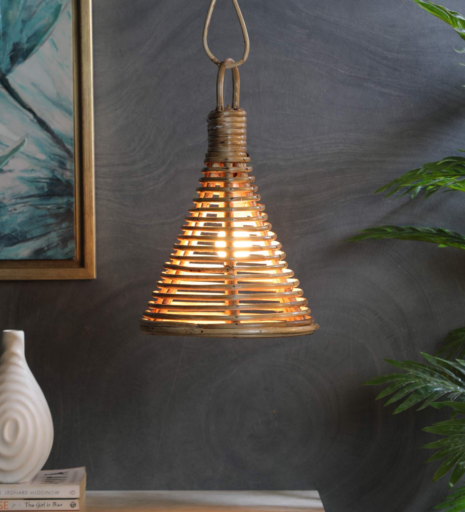 Yuka Kacey Beige Cane Hanging Light