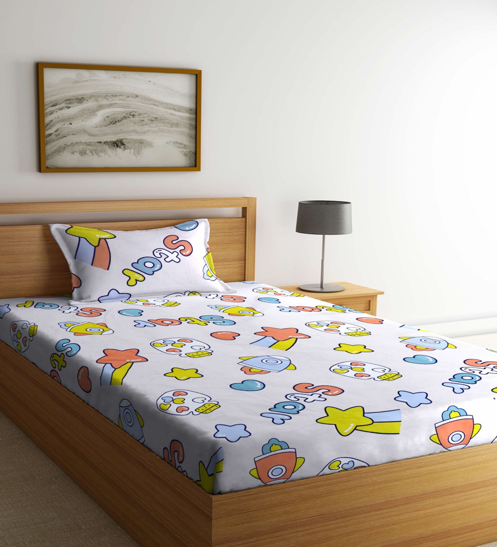 Beige Cartoon Printed 300 TC Cotton Blend Single Bedsheet with 1 Pillow Cover