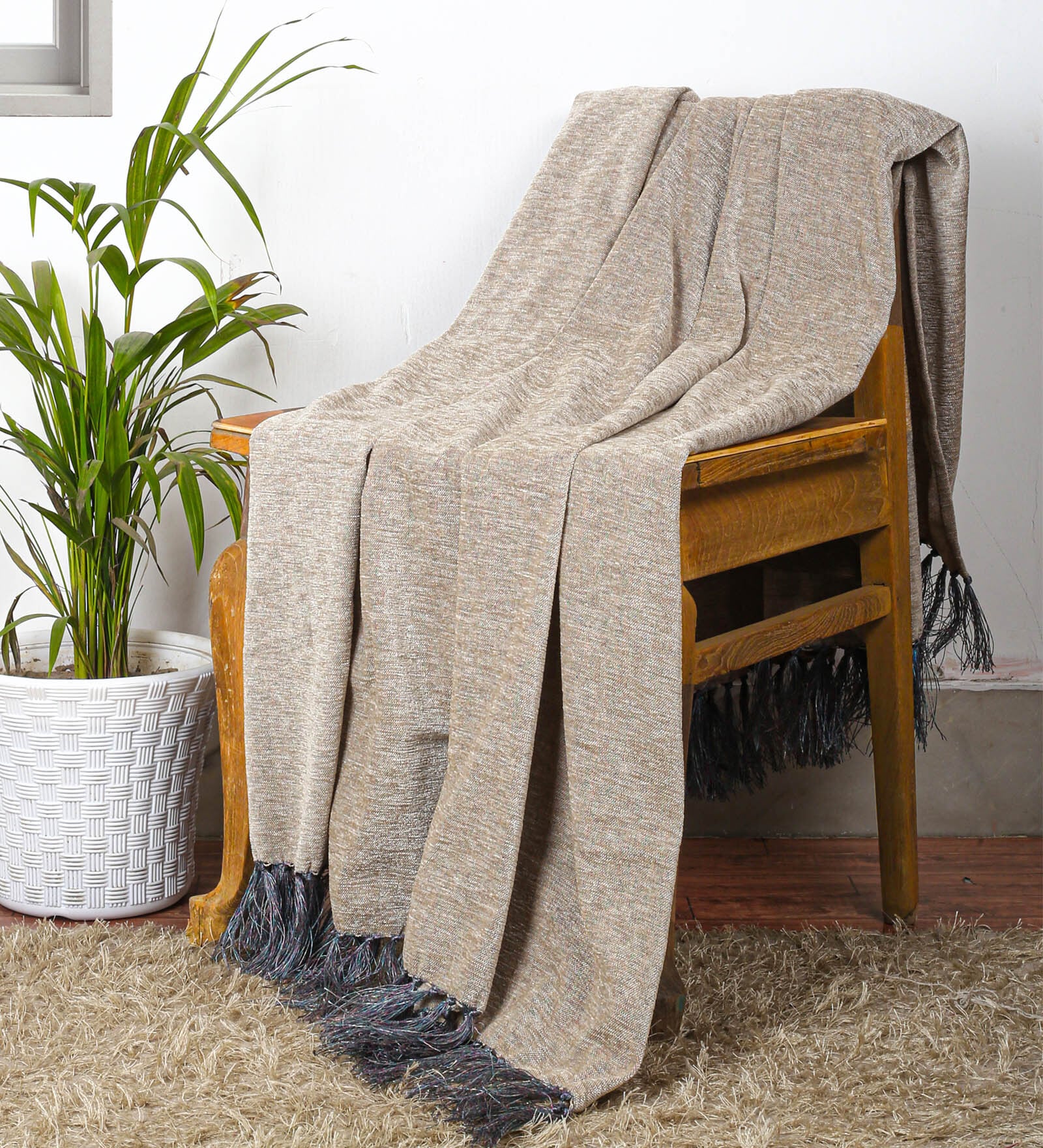 Beige Chenille Plain Solid Pattern 60 X 50 Inch Throw