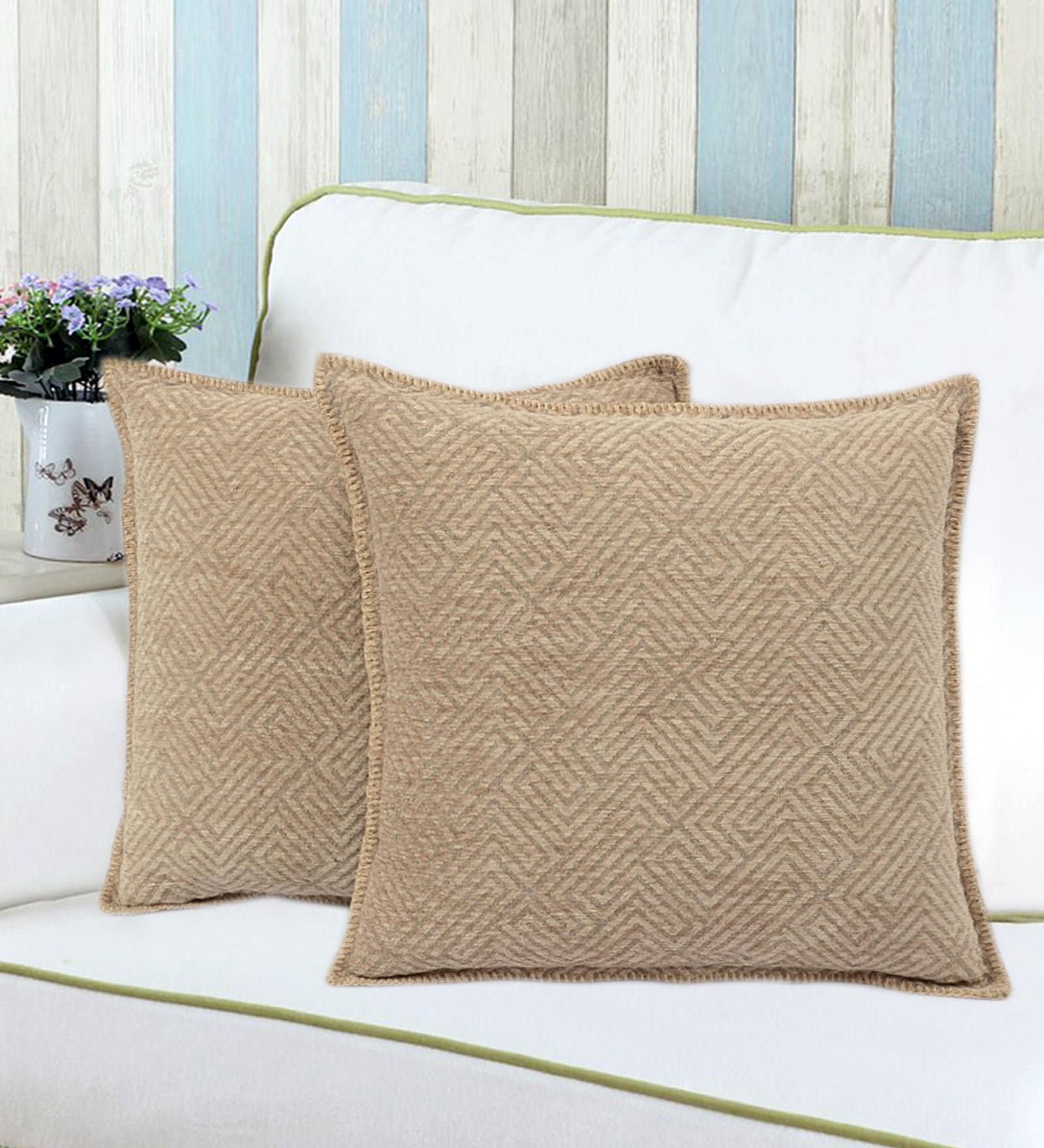 Beige Woven Chenille 16 x 16 Inches Cushion Covers (Set of 2)