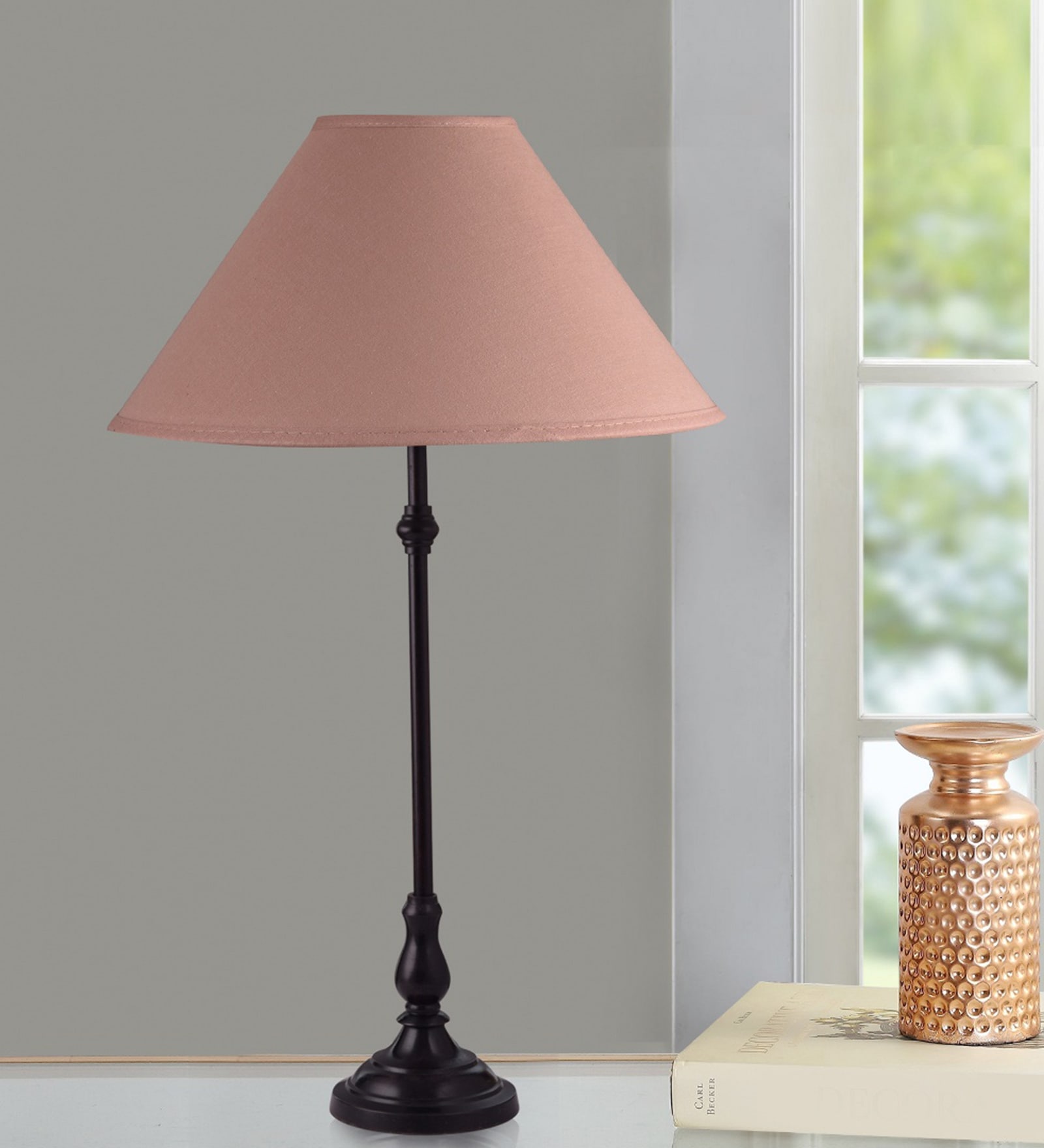 Beige Cottan Fabric Shade Table Lamp With Black Base