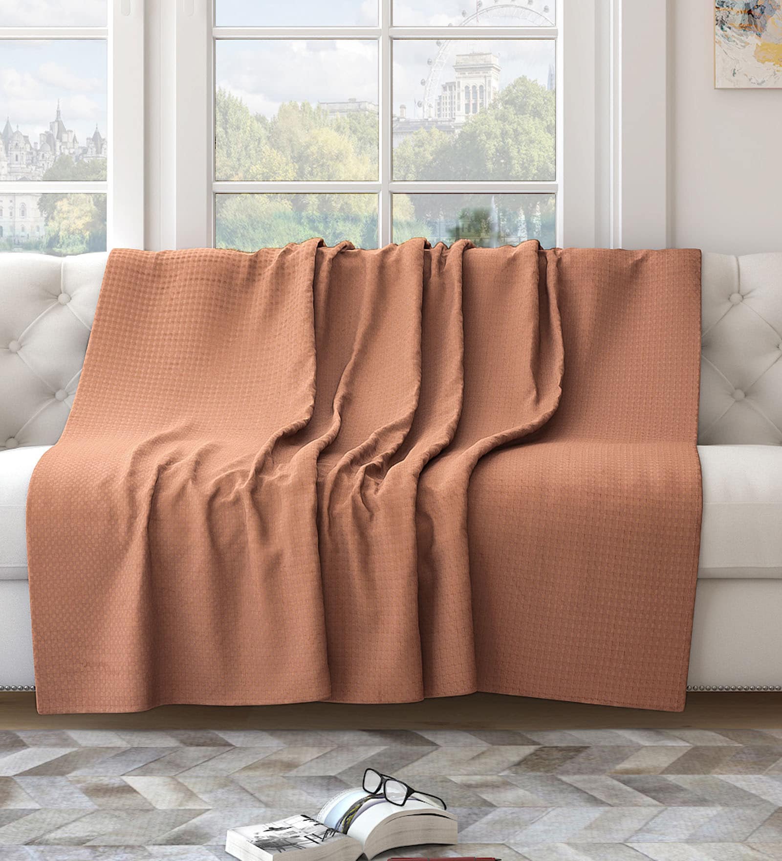 Beige Cotton Solid 82X55 Inch Waffle Design Throw