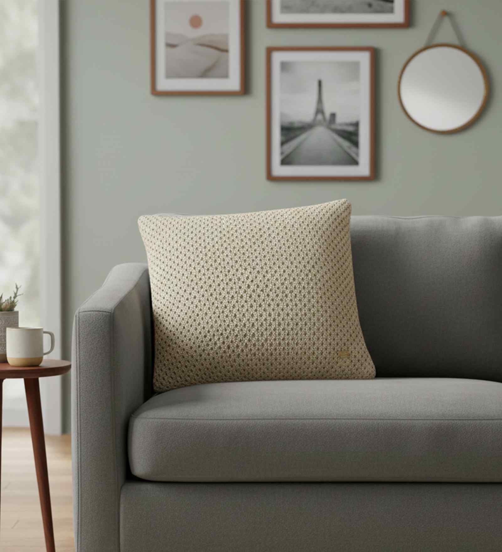 Beige Cotton 16X16 Inches Knitted Cushion Cover