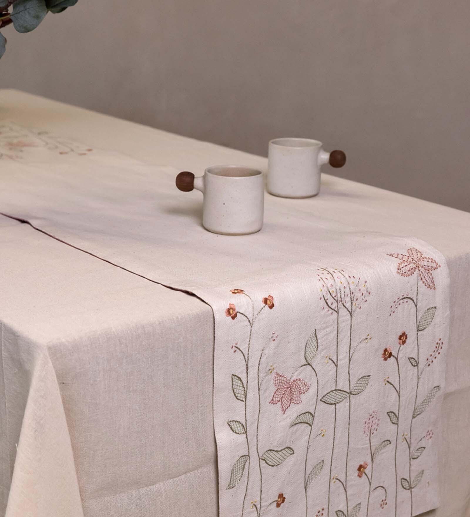 Knotted Affair 70 Inch Cream & Green Cotton Table Runner