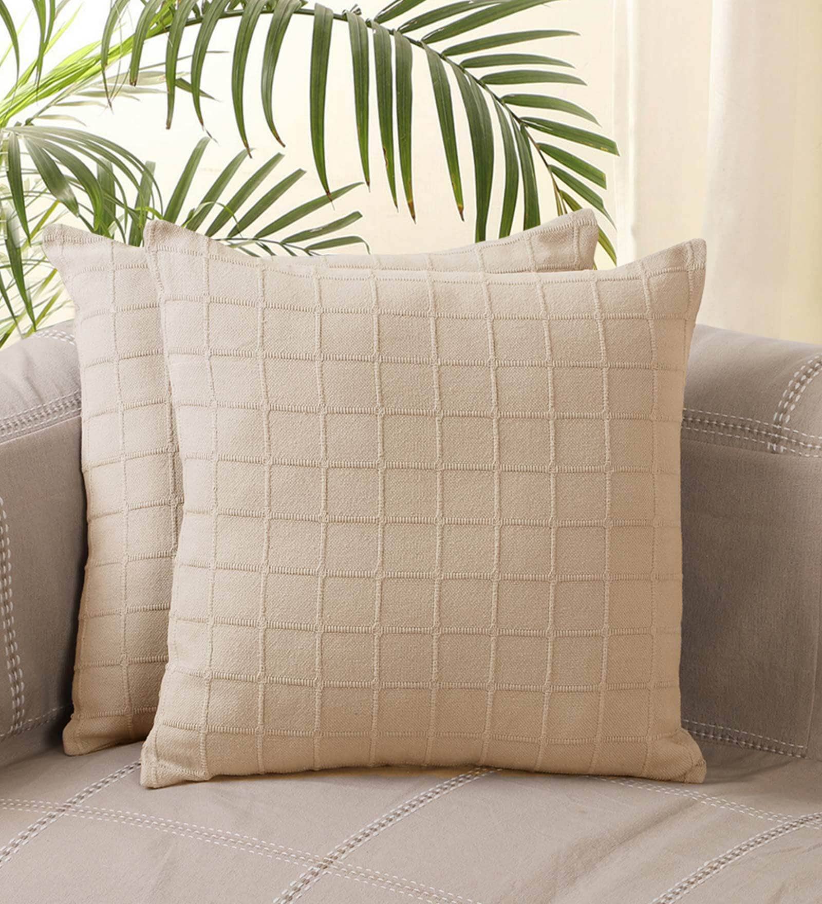 Beige Geometric Cotton 16 x 16 Inches Cushion Covers (Set of 2)