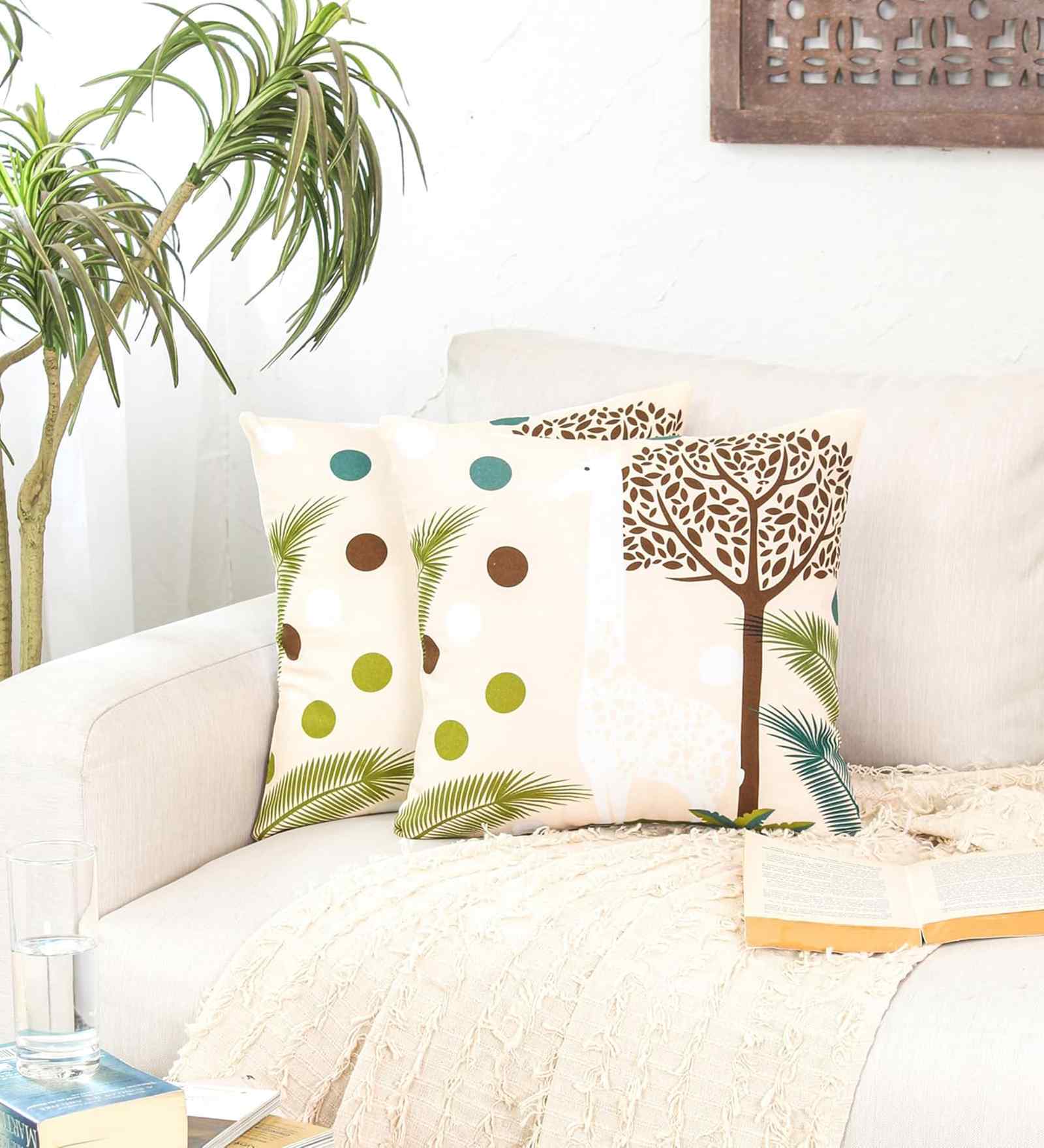 Beige Cotton Floral 16x16 inches Cushion Cover Set of 2