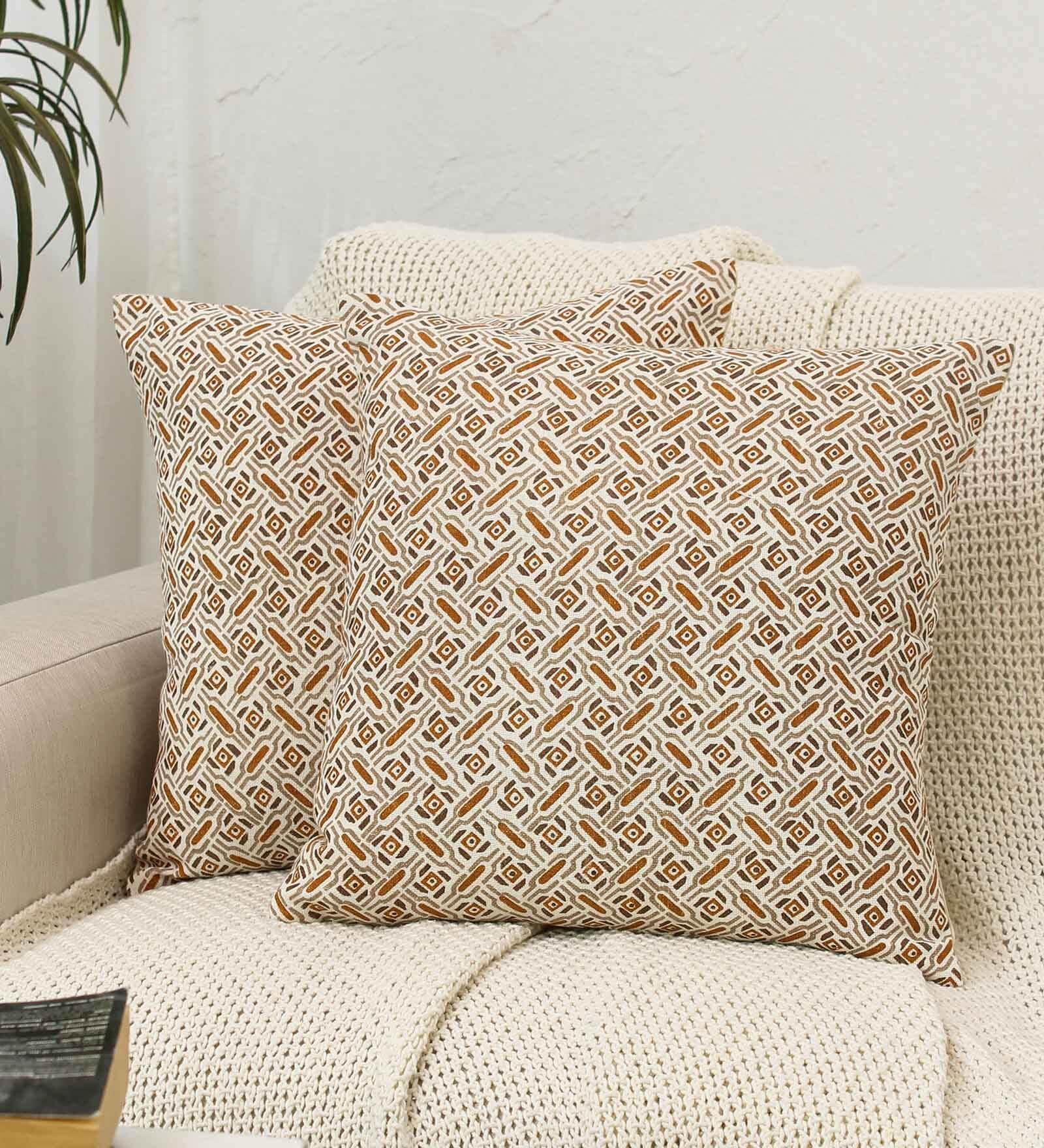 Beige Cotton Abstract 16x16 inches Cushion Covers (Pack of 2)