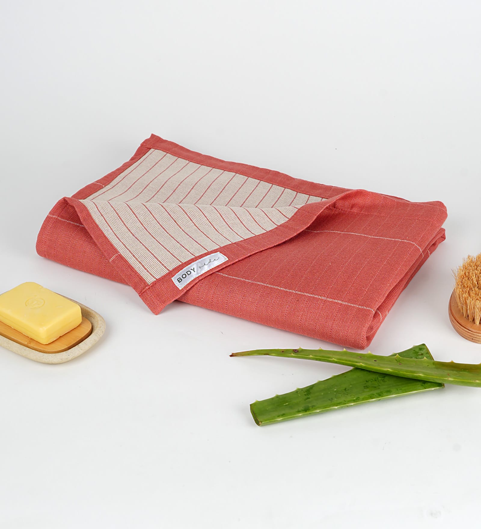 Red Aloevera Double Cloth Striped 300 GSM Bath Towel