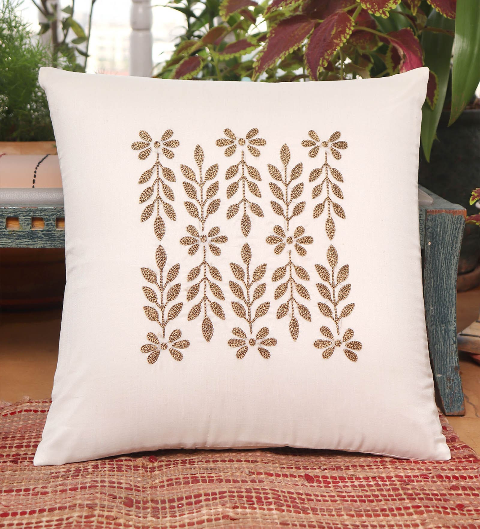 Beige Floral Cotton Blend 16 x 16 Inches Cushion Cover
