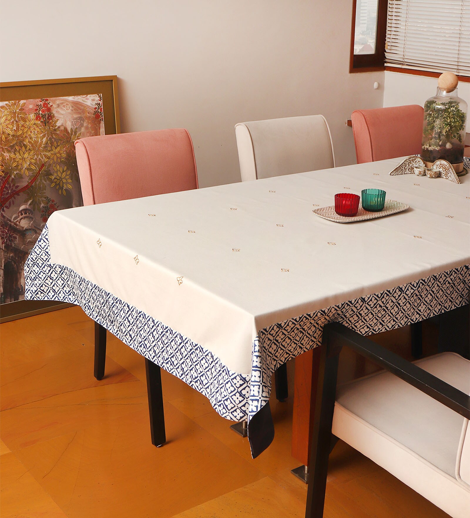 Heather (52x84) White & Blue Cotton Blend Table Cloth