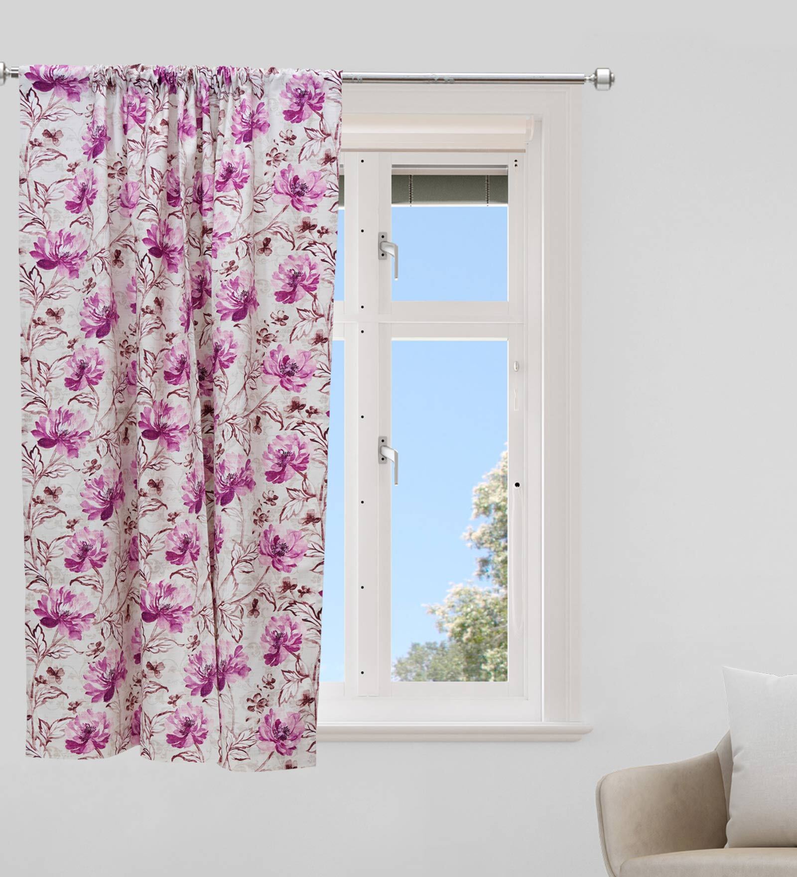 Beige Floral Cotton Blend 5 Ft Blackout Rod Pocket Window Curtain