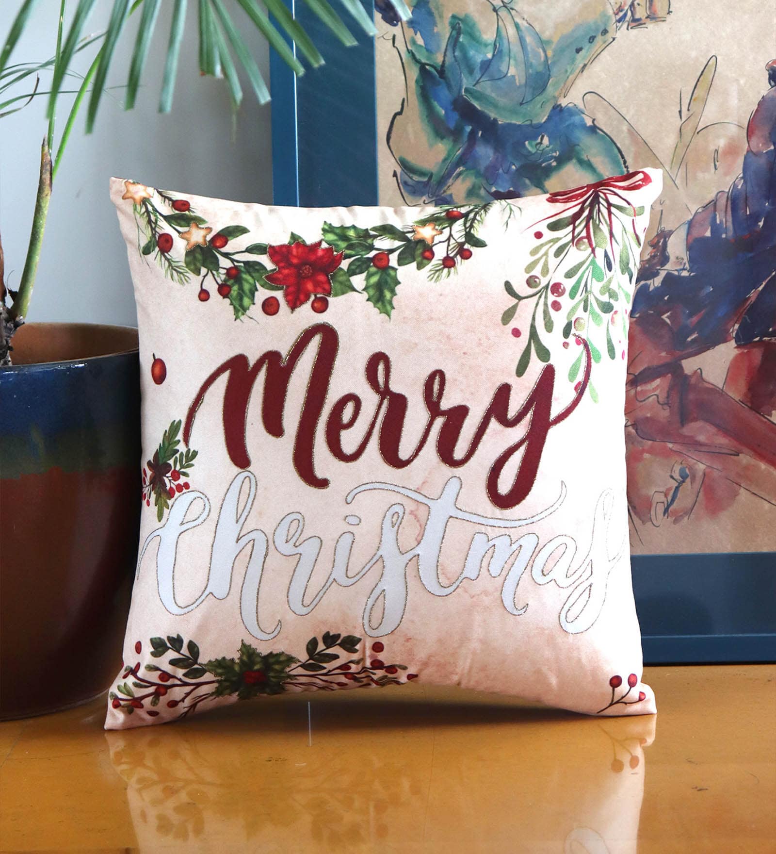 Beige Quoted Cotton Blend 16 x 16 Inches Cushion Cover
