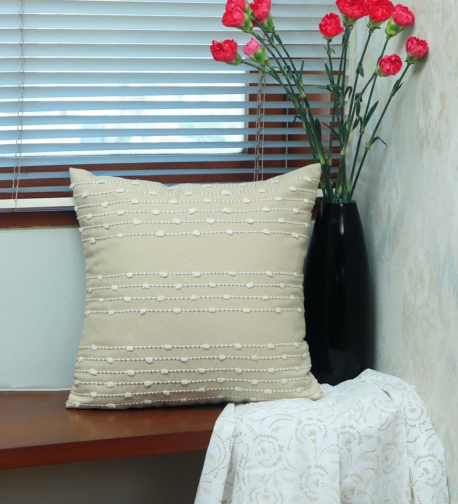 Beige Striped Cotton Blend 16 x 16 Inch Cushion Cover