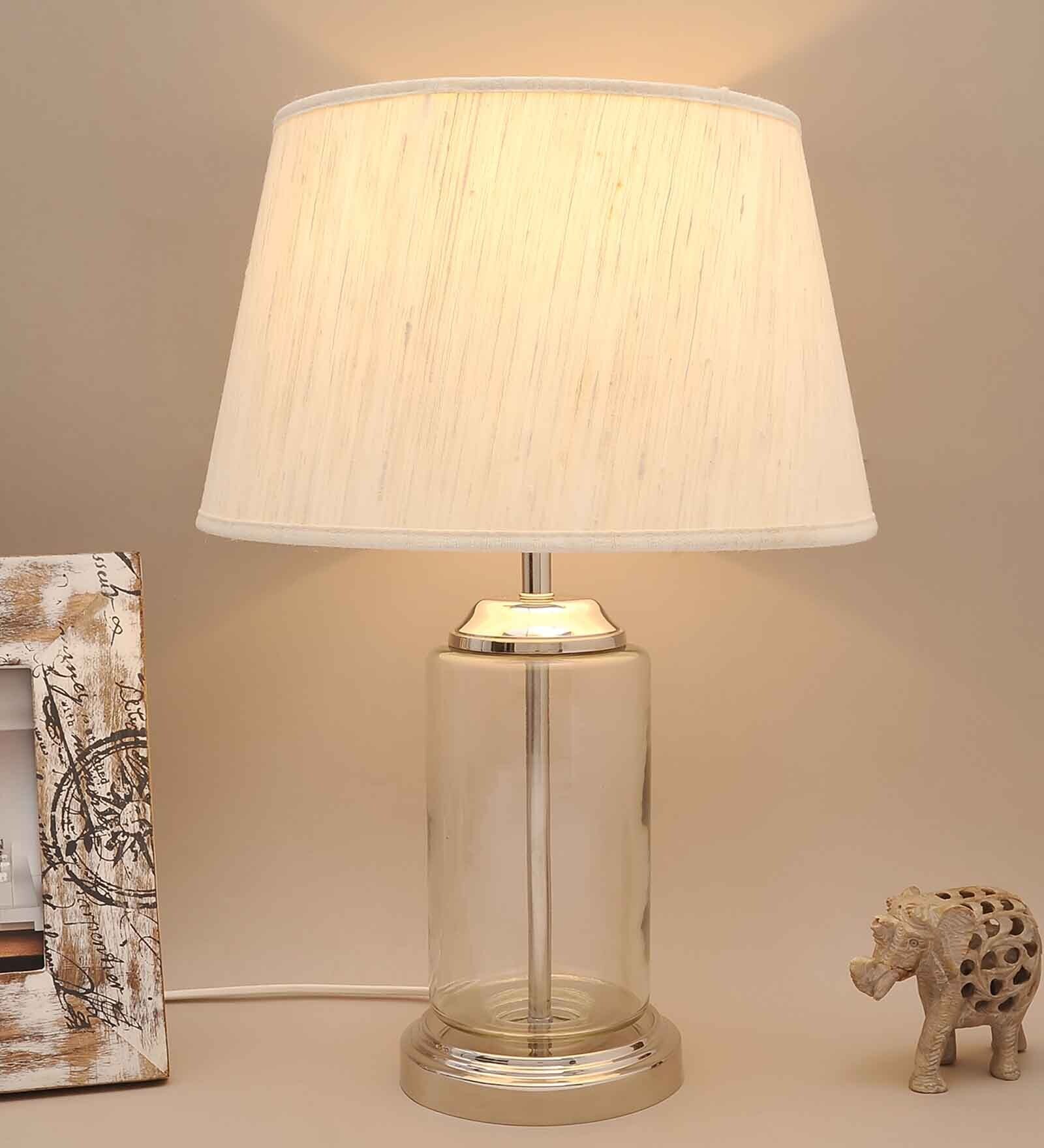 Beige Cotton Fabric Shade Duffield Clear Glass Table Lamp with Transparent Base