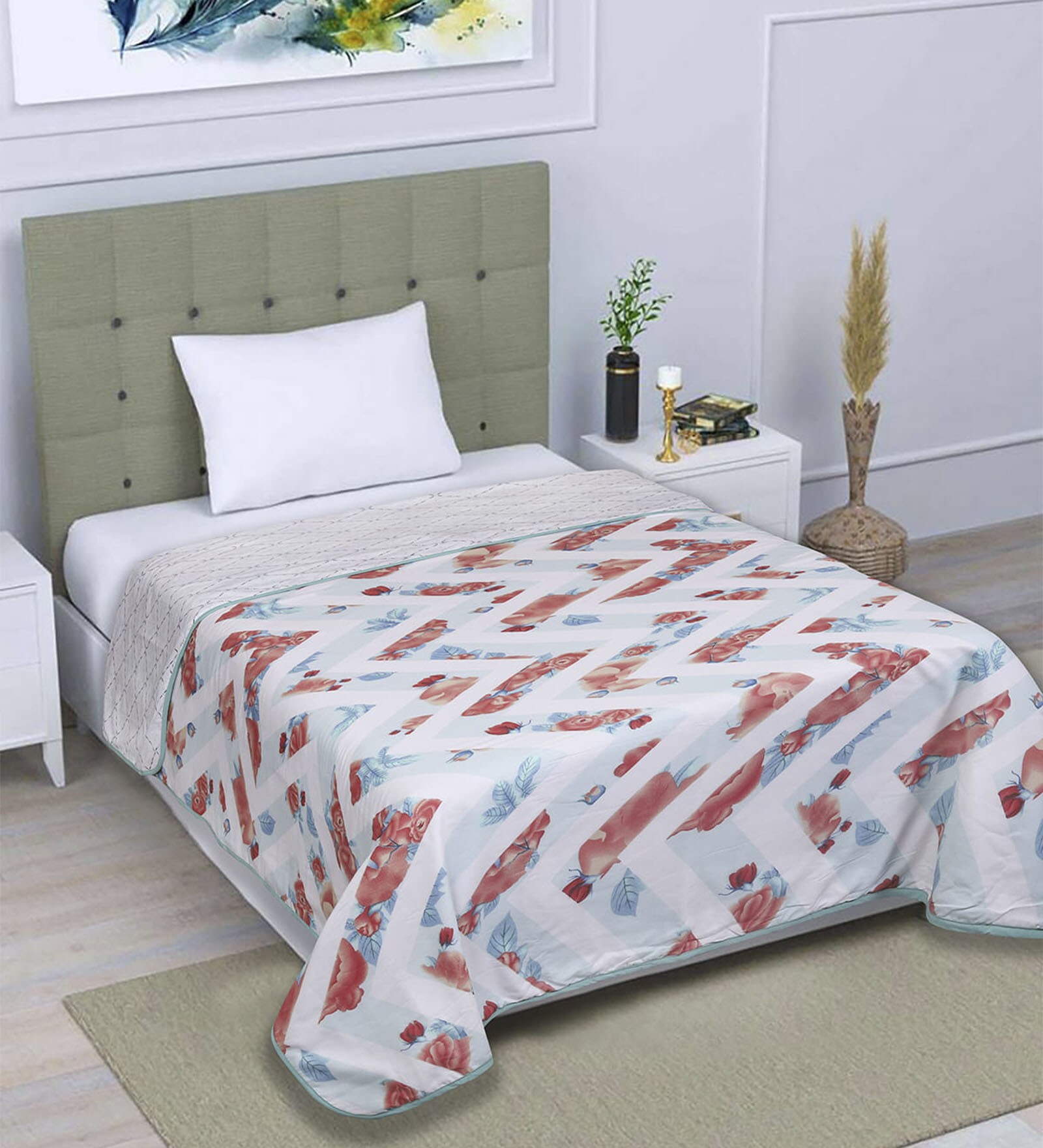 Beige Cotton Floral 150 GSM Single Bed AC Room Blanket Dohar