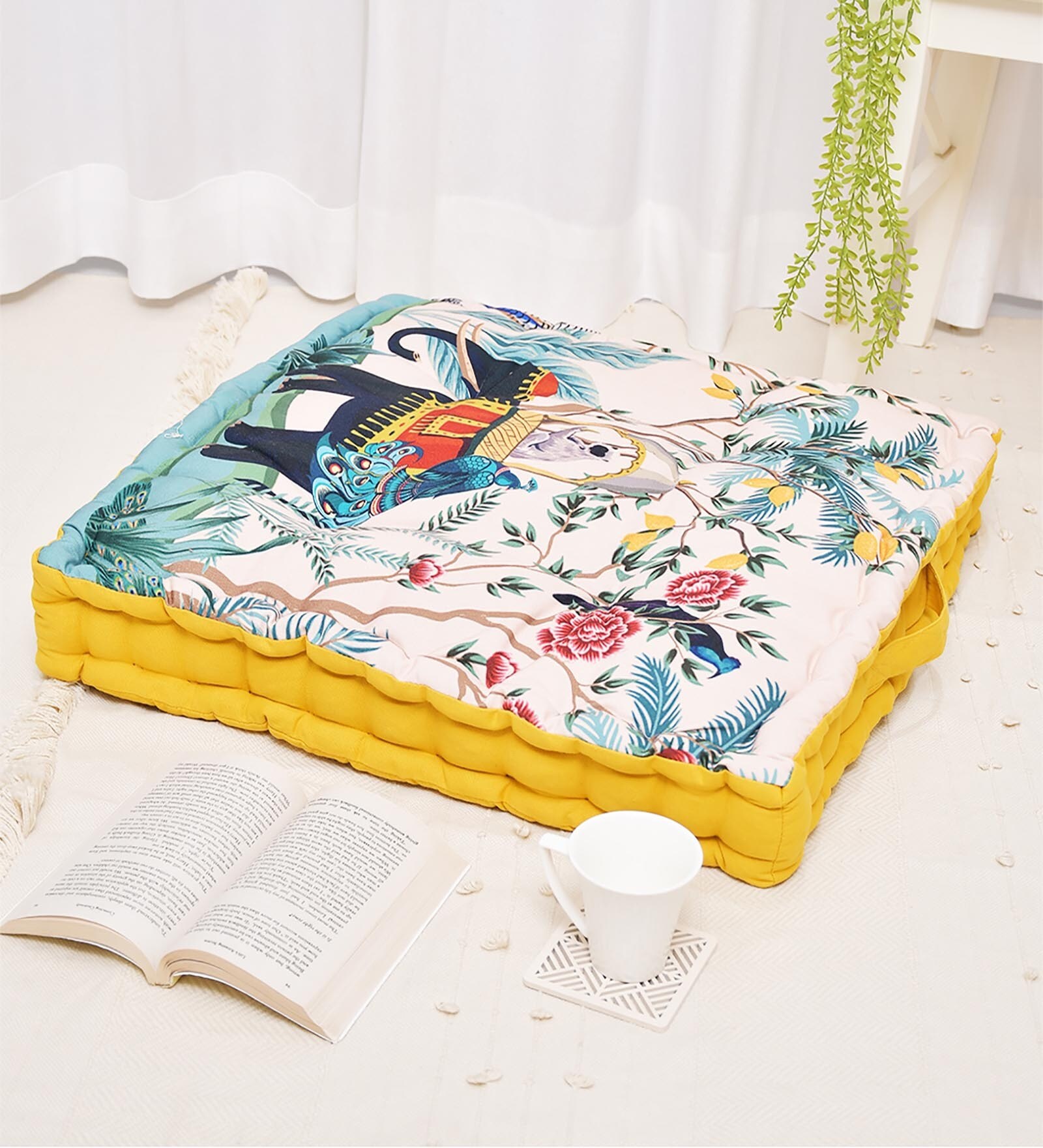 Beige Cotton Floral 16x16 inches Floor Cushions (Set of 2)