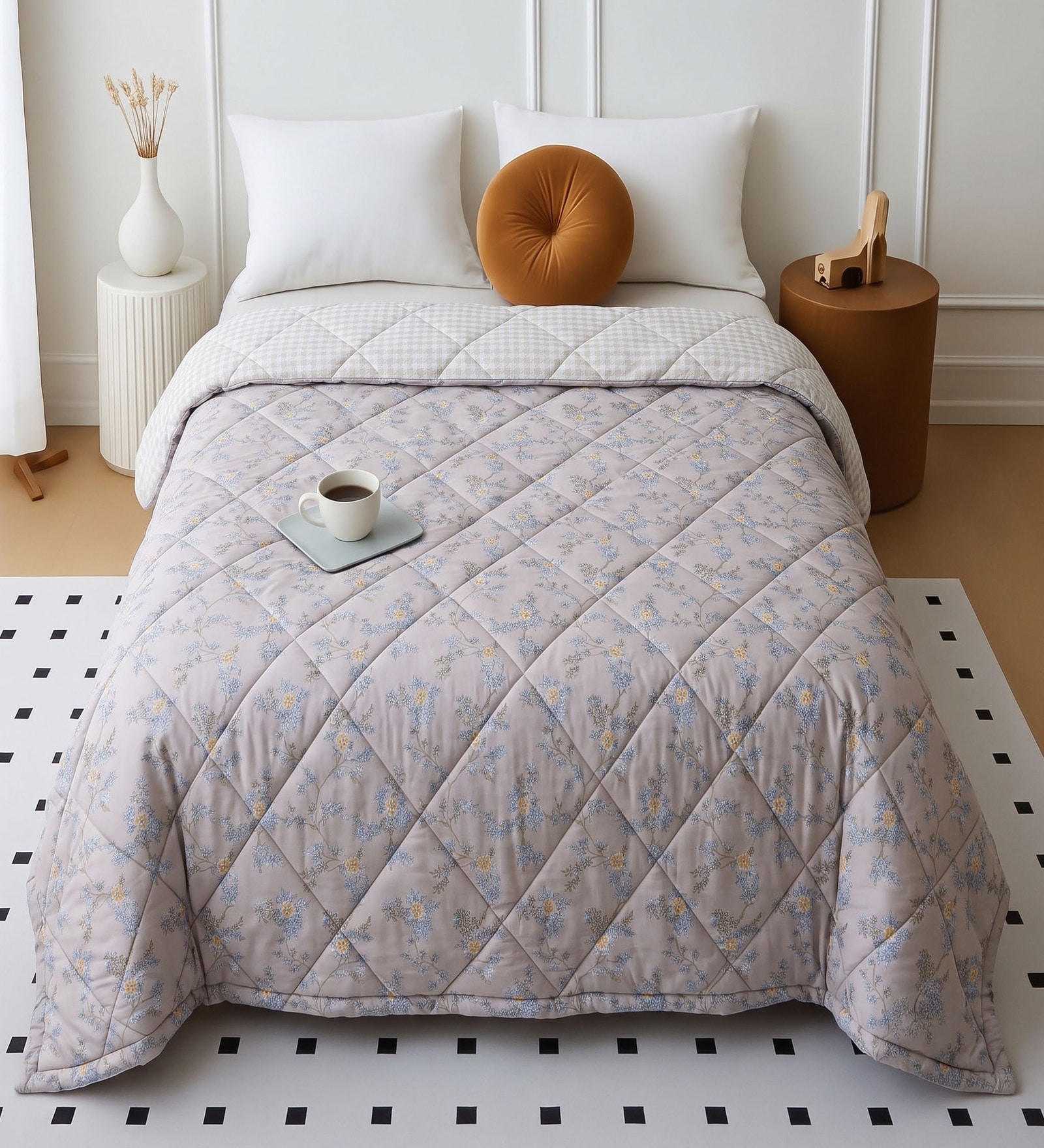 Beige Cotton Floral 350 GSM Double Bed Reversible Quilted Comforter