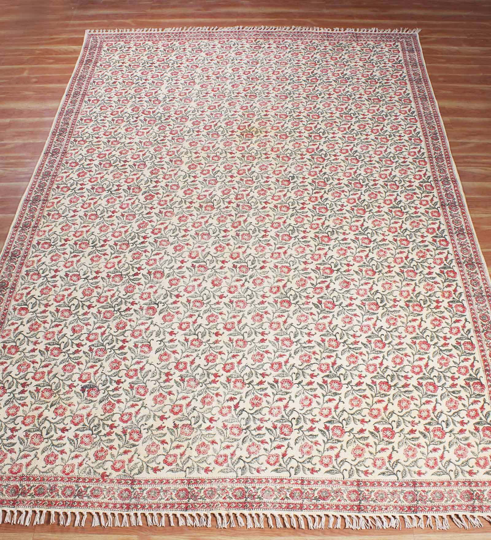 Beige Cotton Floral 4x6 Hand Woven Dhurrie