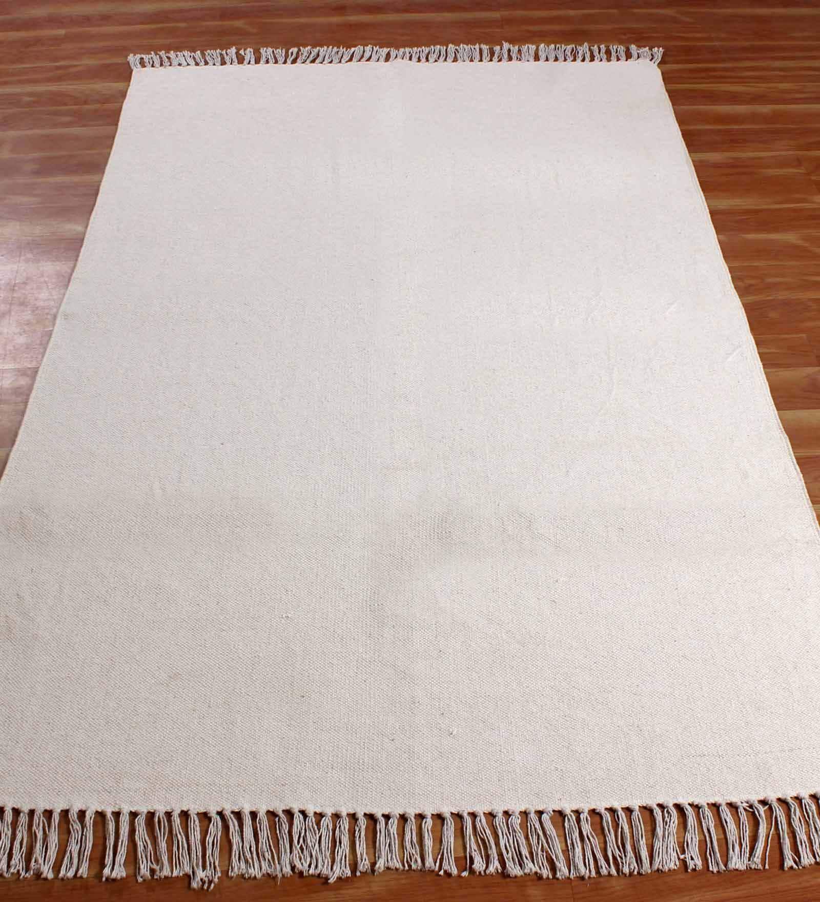 White Cotton Solid 3x2 Hand Woven Dhurrie