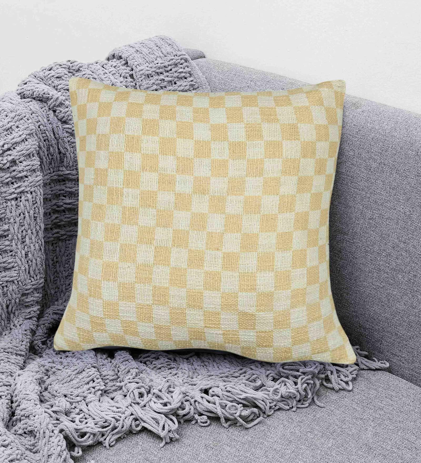 Beige Geometric Cotton 16 x 16 Inches Cushion Cover