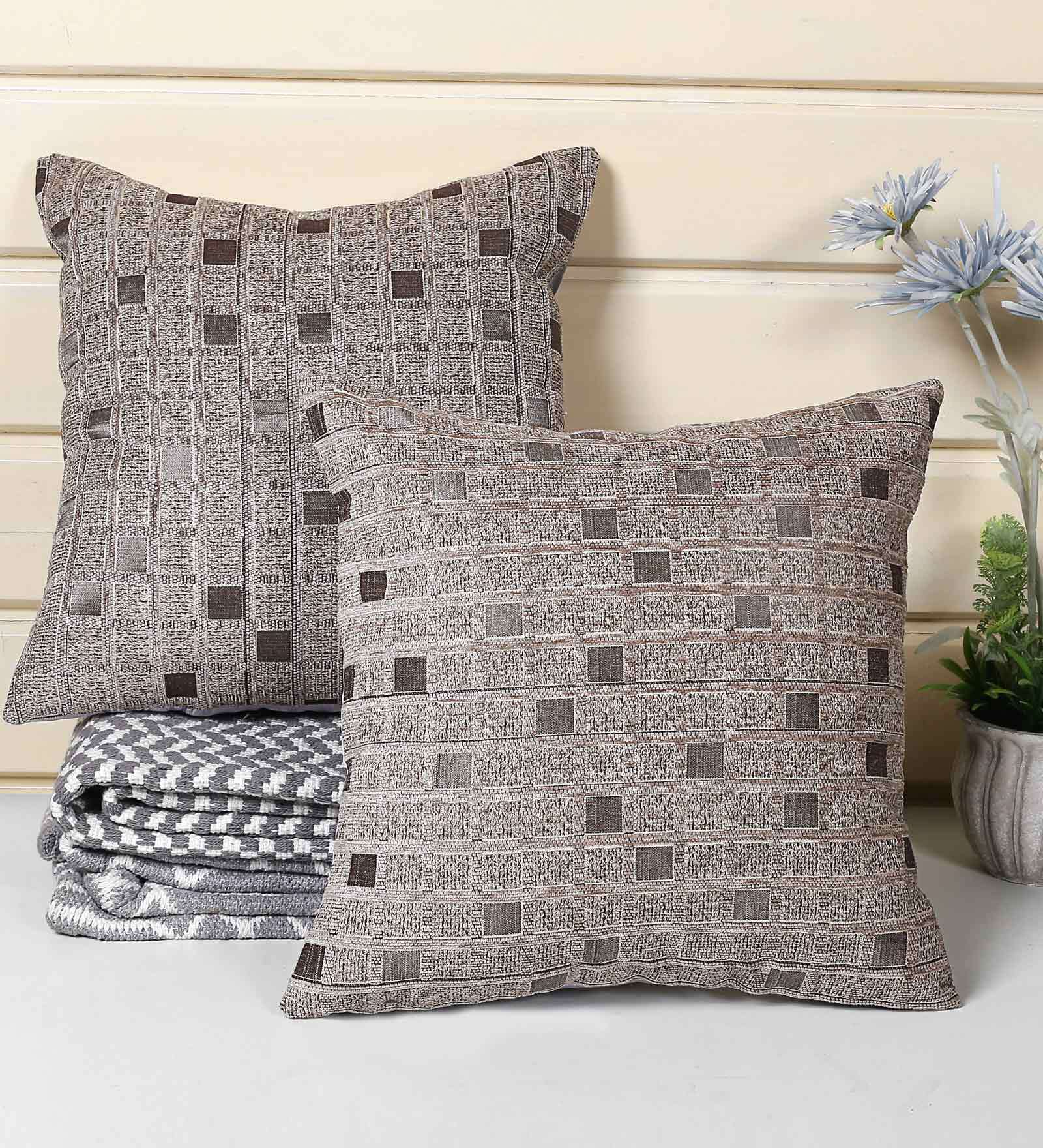 Beige Geometric Cotton 16 x 16 Inches Cushion Covers (Set of 2)