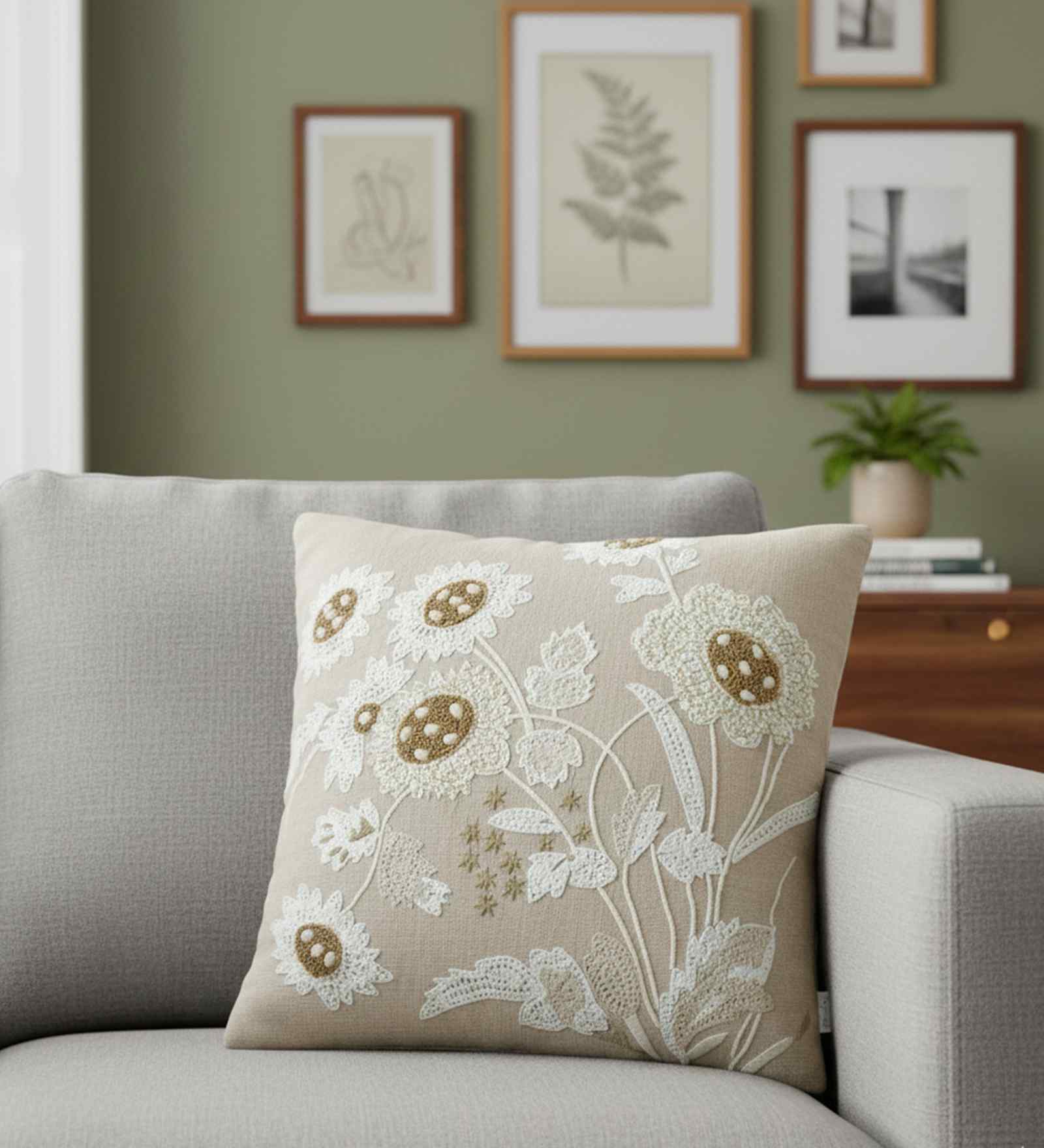 Beige Cotton Linen Bloom- Embroidery 18X18 Inches Knitted Cushion Cover