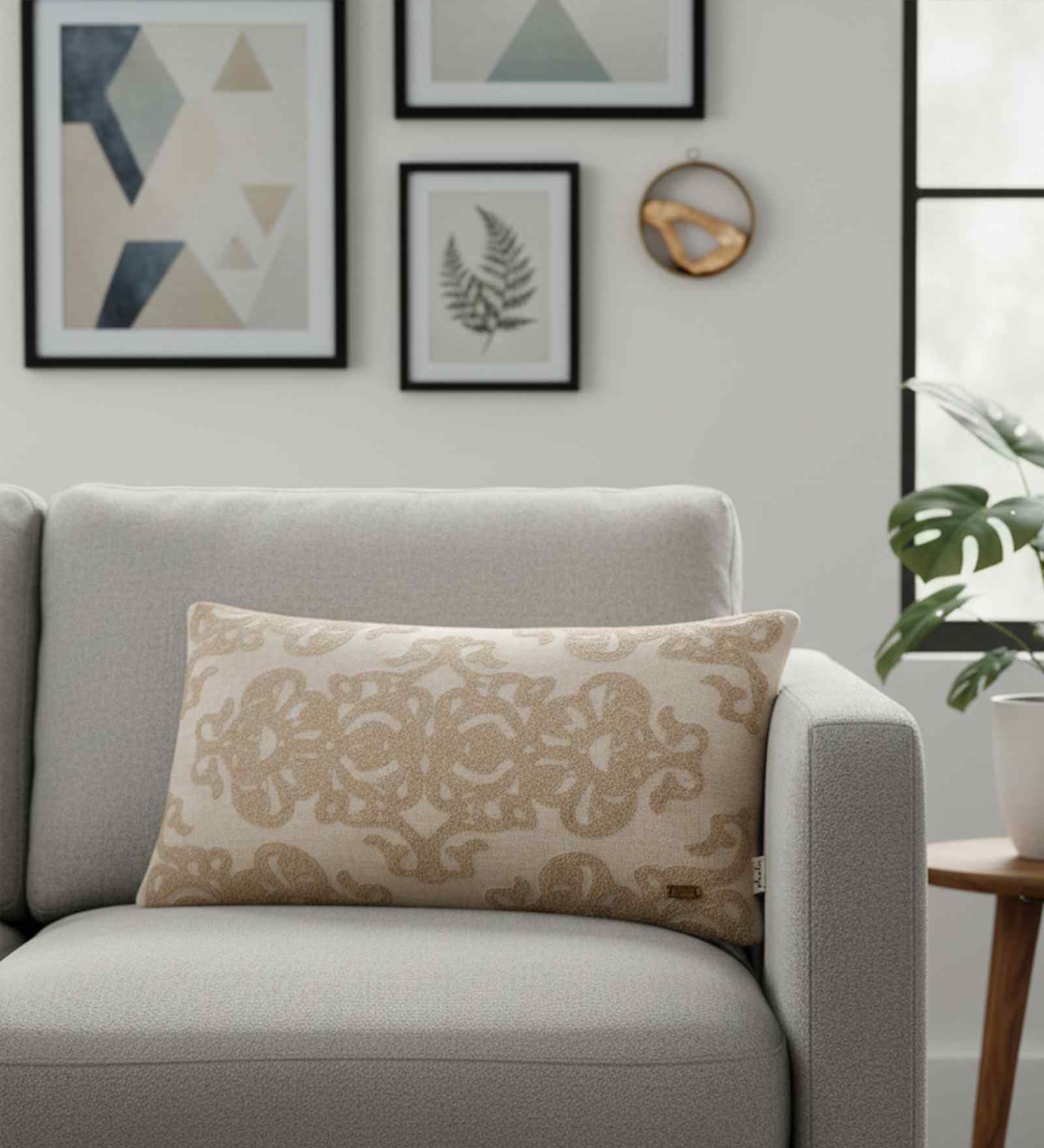 Beige Cotton Linen Damask-Embroidery 12X20 Inches Knitted Cushion Cover